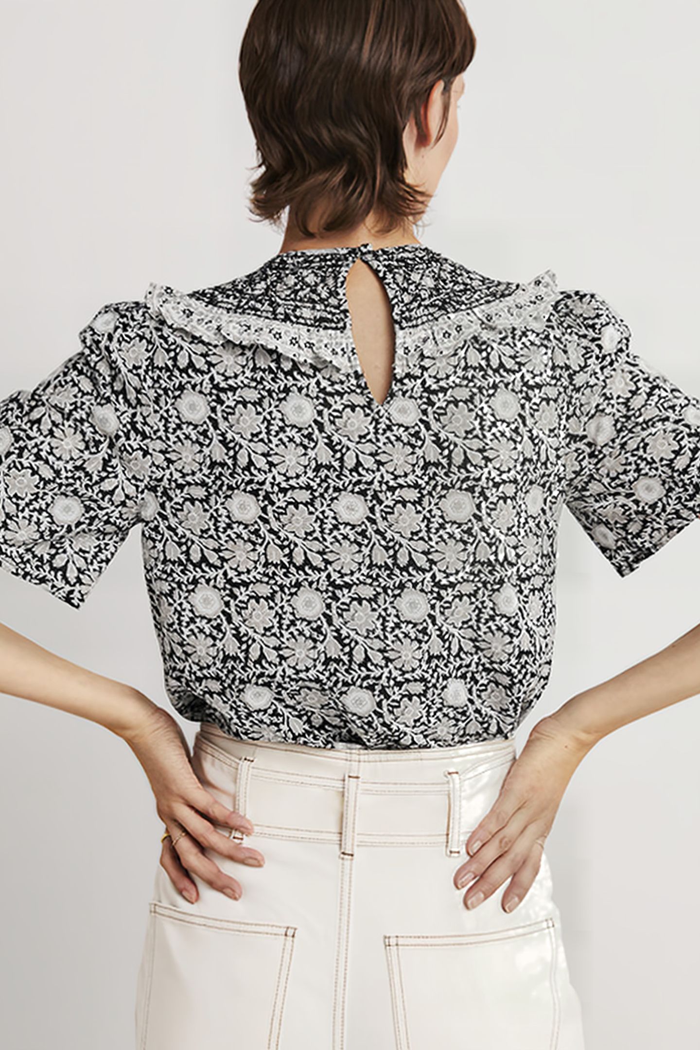 SMOCKED NECK PRINTED TOP BLK 2