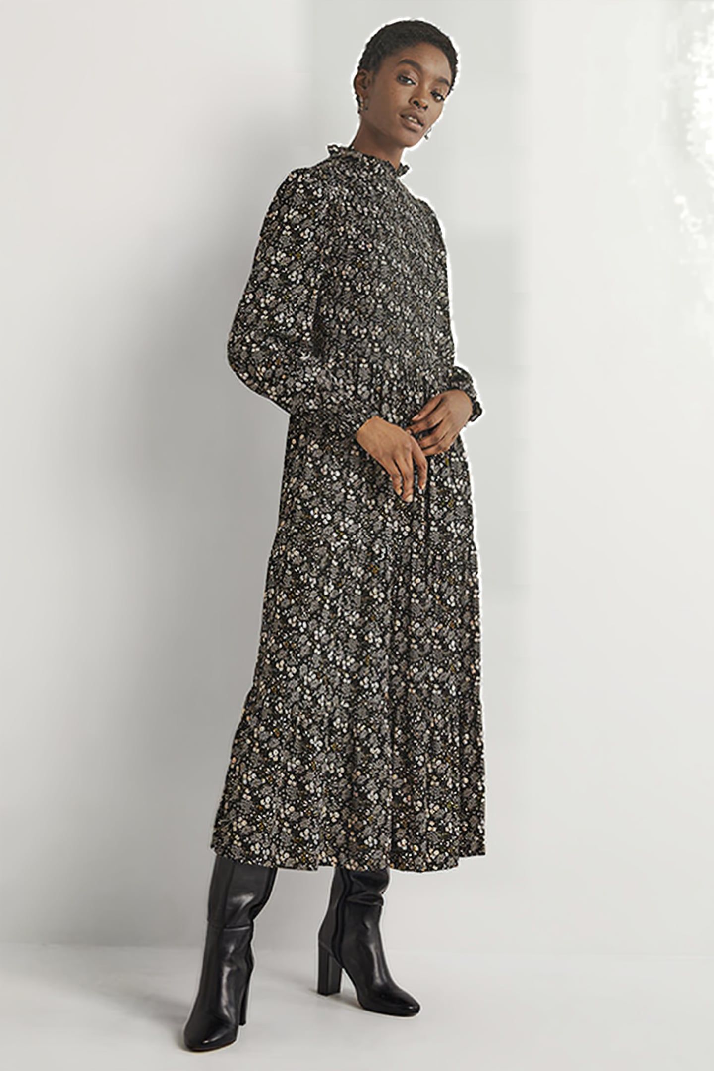 SMOCKED TIERED MIDI DRESS BLK 1