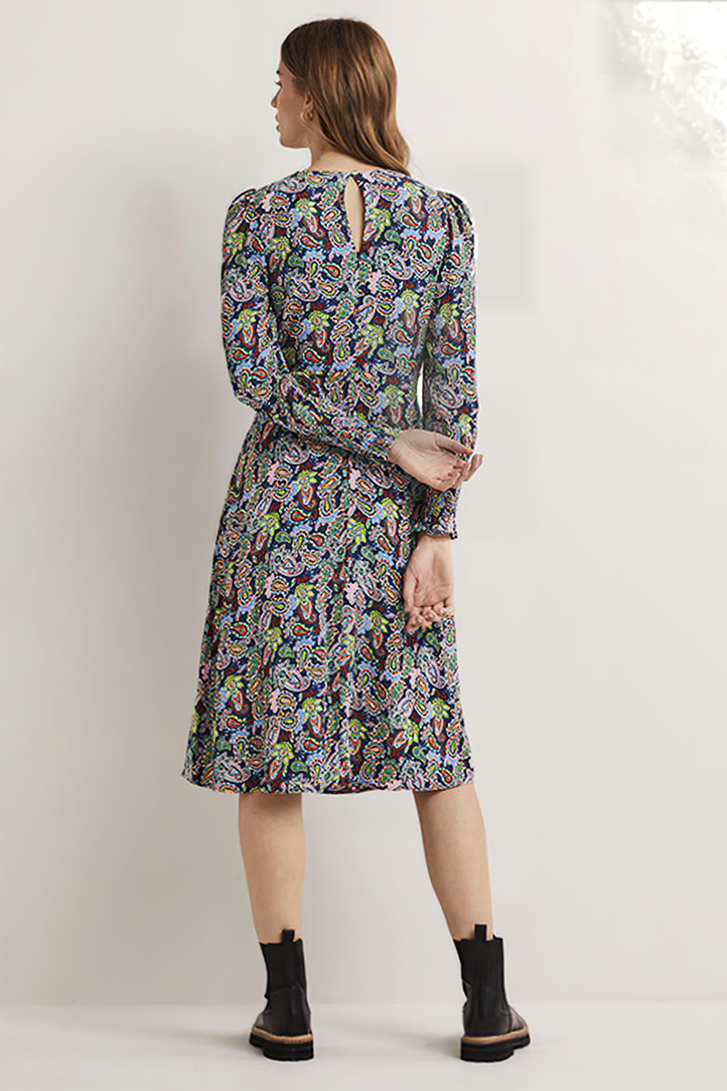 SMOCKED CUFF MIDI DRESS NVY 2