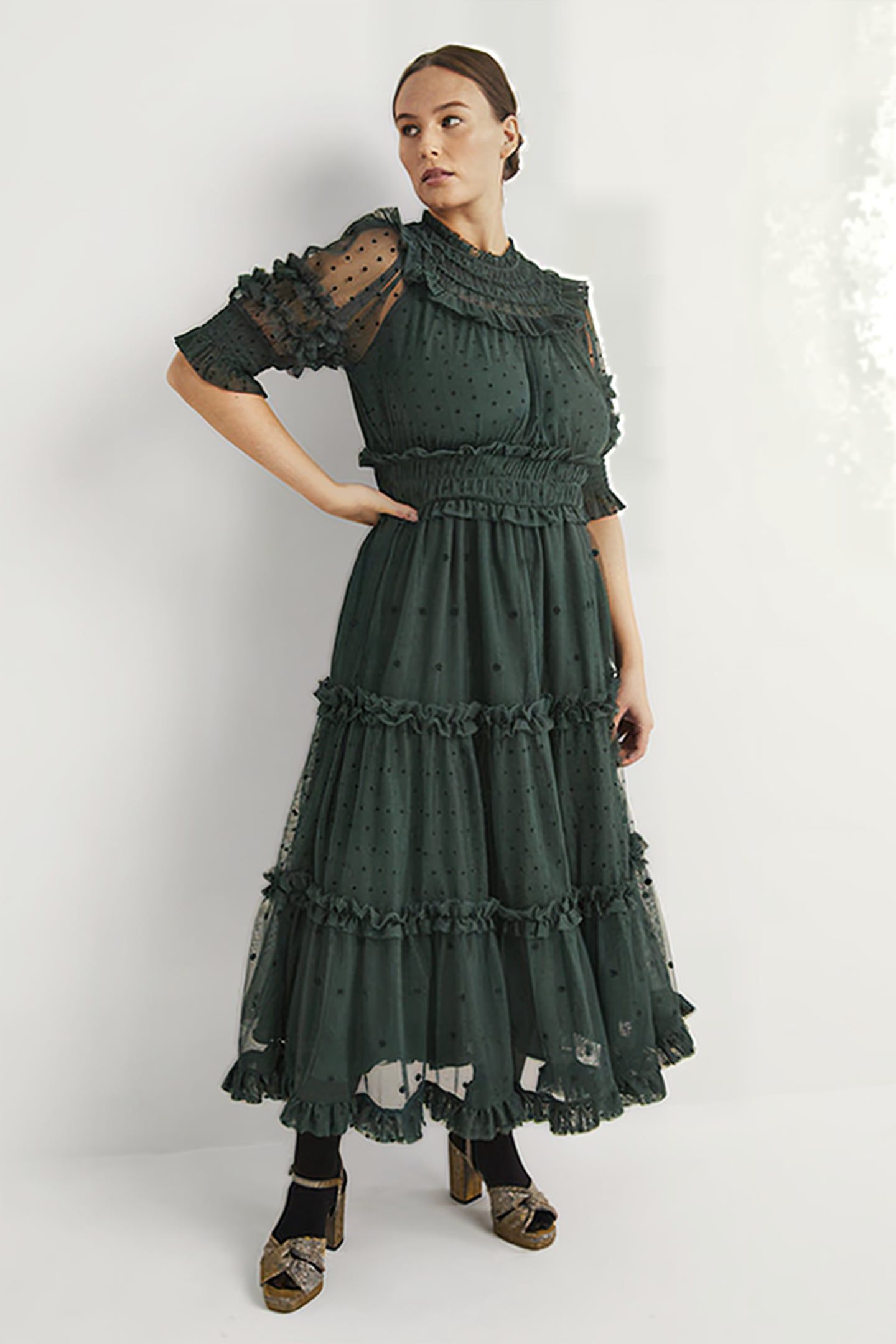 TULLE RUFFLE MIDI PARTY DRESS GRN 1