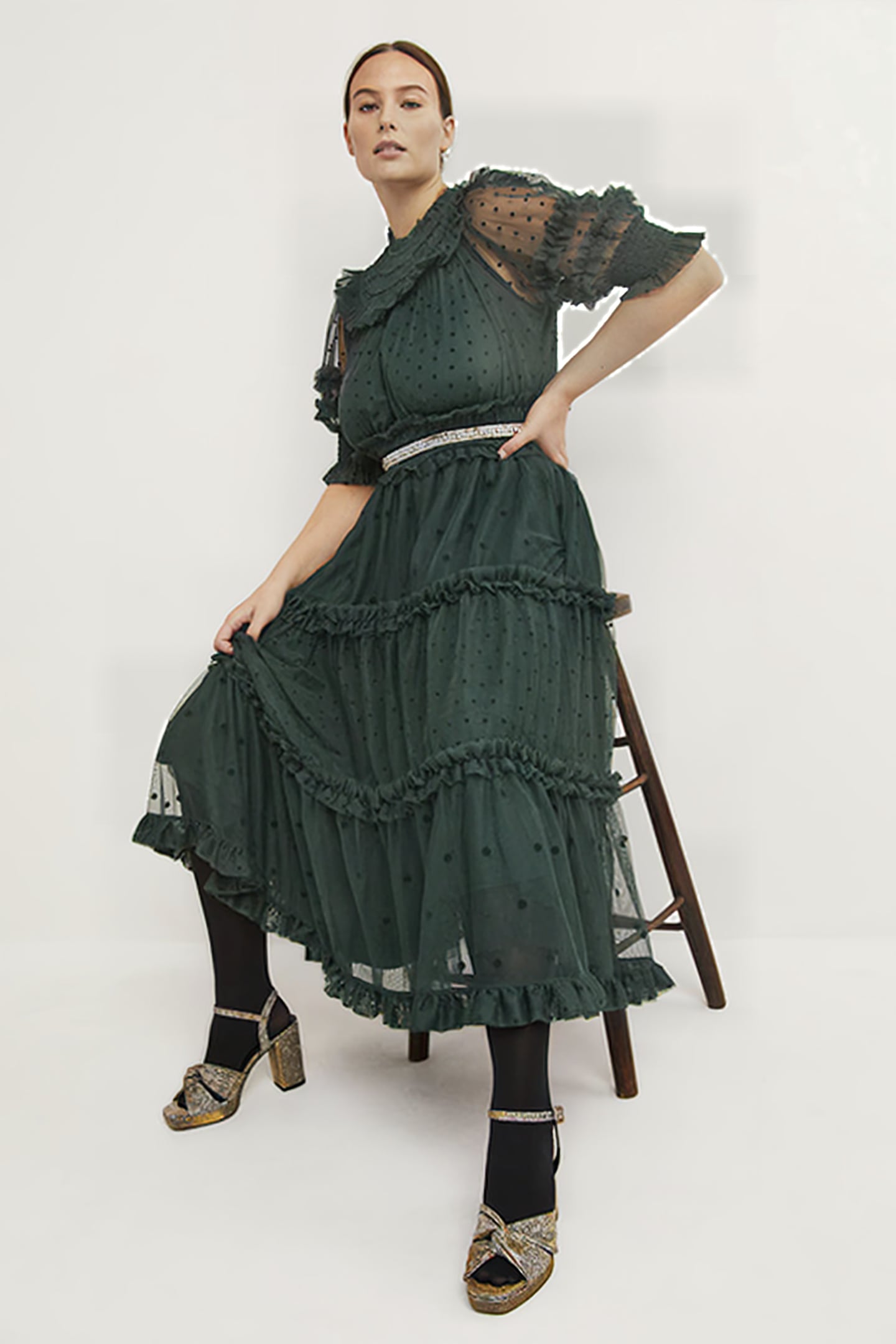 TULLE RUFFLE MIDI PARTY DRESS GRN 2
