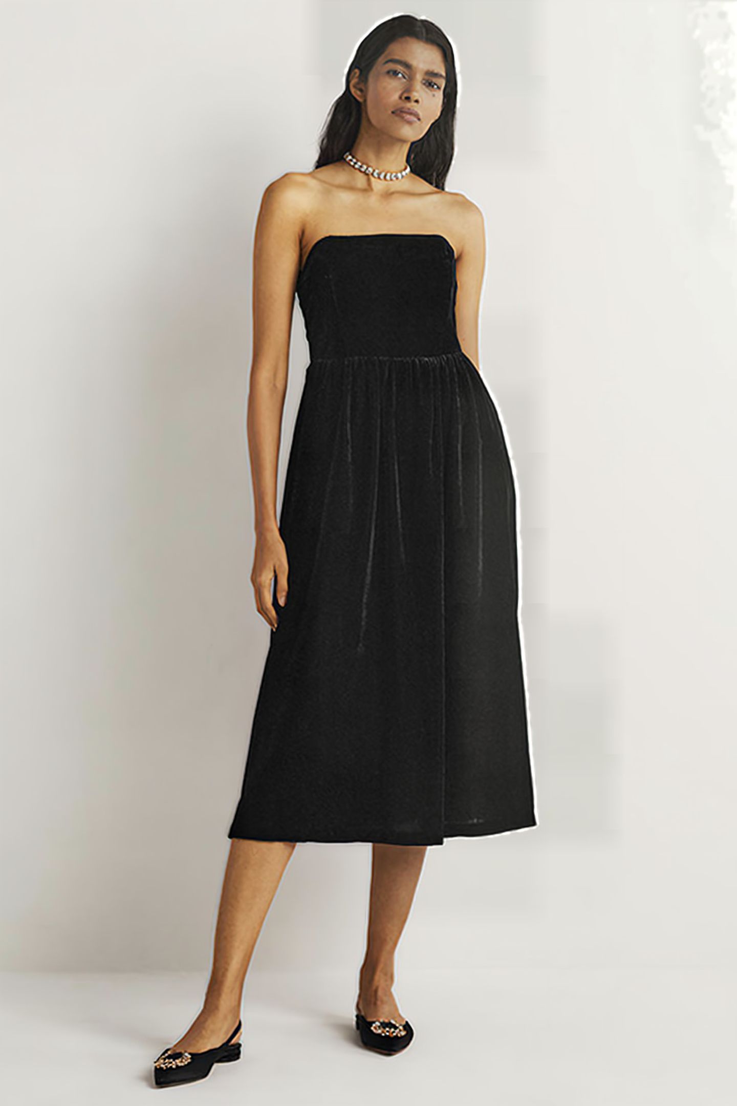 STRAPLESS VELVET MIDI DRESS BLK 1