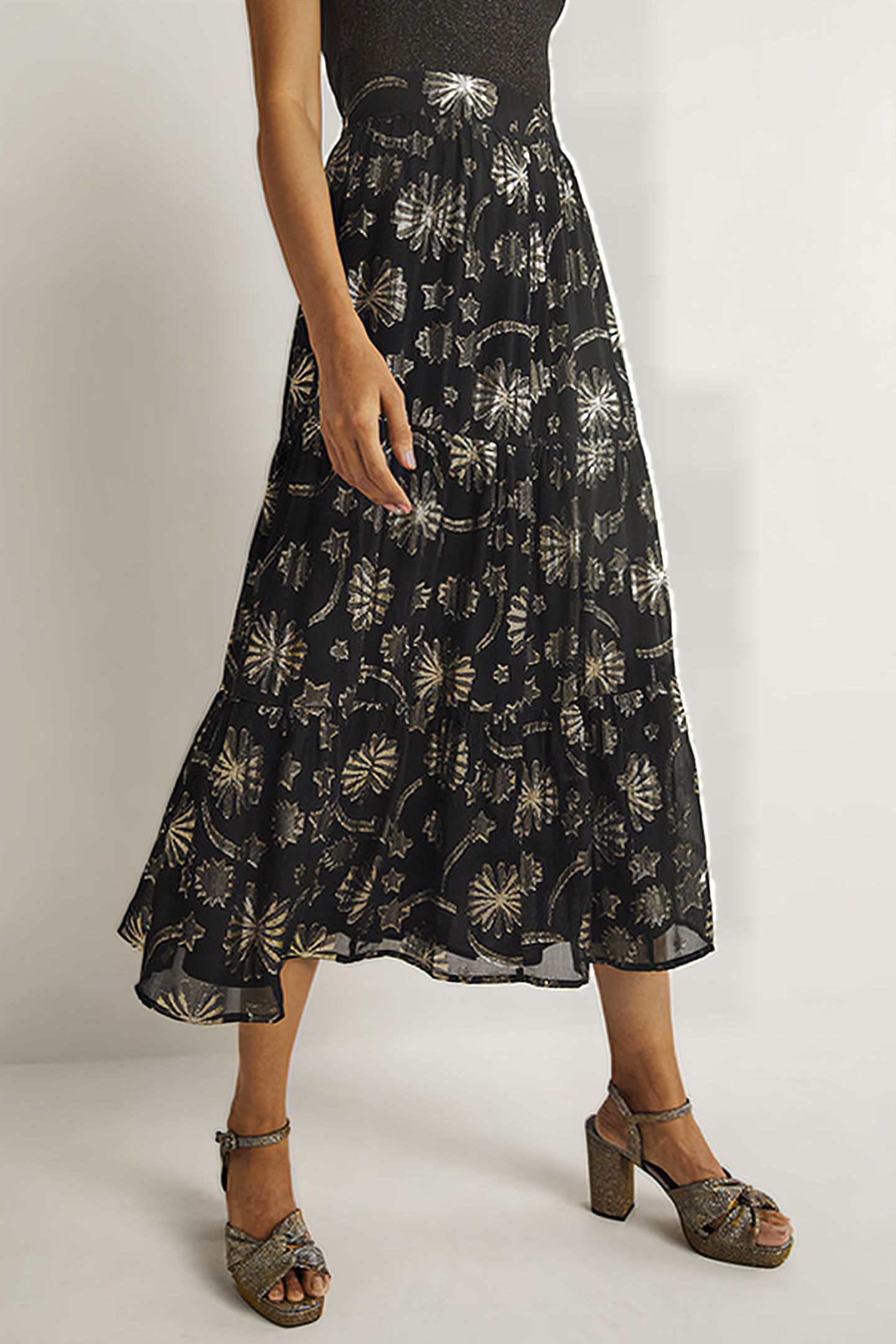 TIERED MIDI SKIRT BLK 1