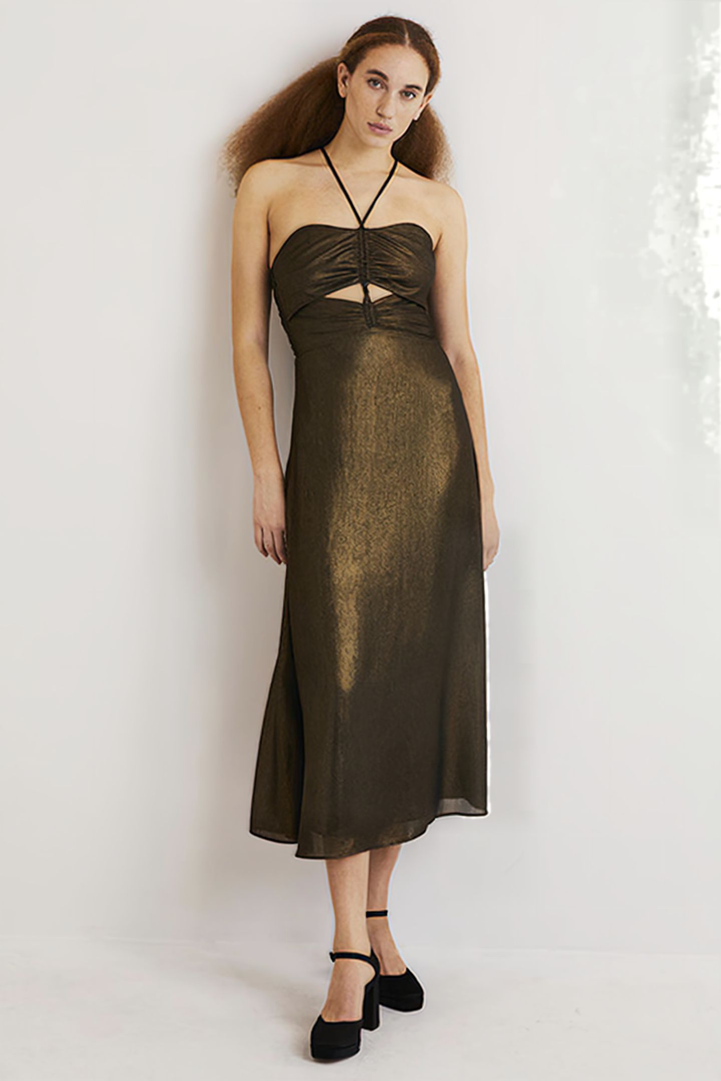 METALLIC HALTERNECK MIDI DRESS GLD 1