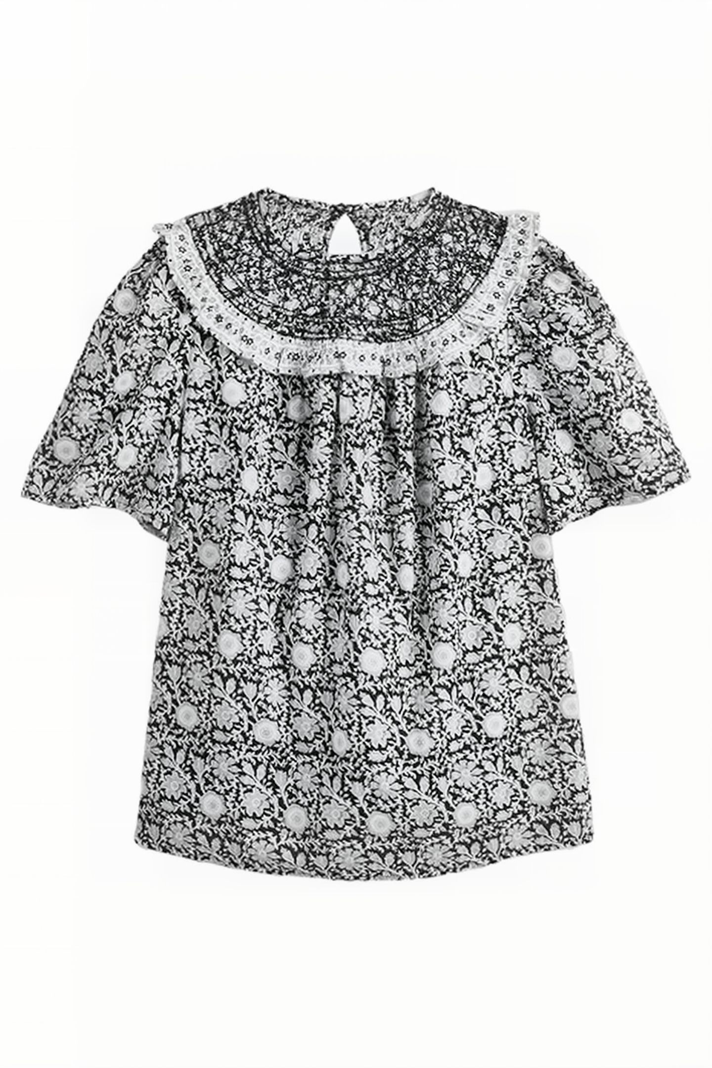 SMOCKED NECK PRINTED TOP BLK 1