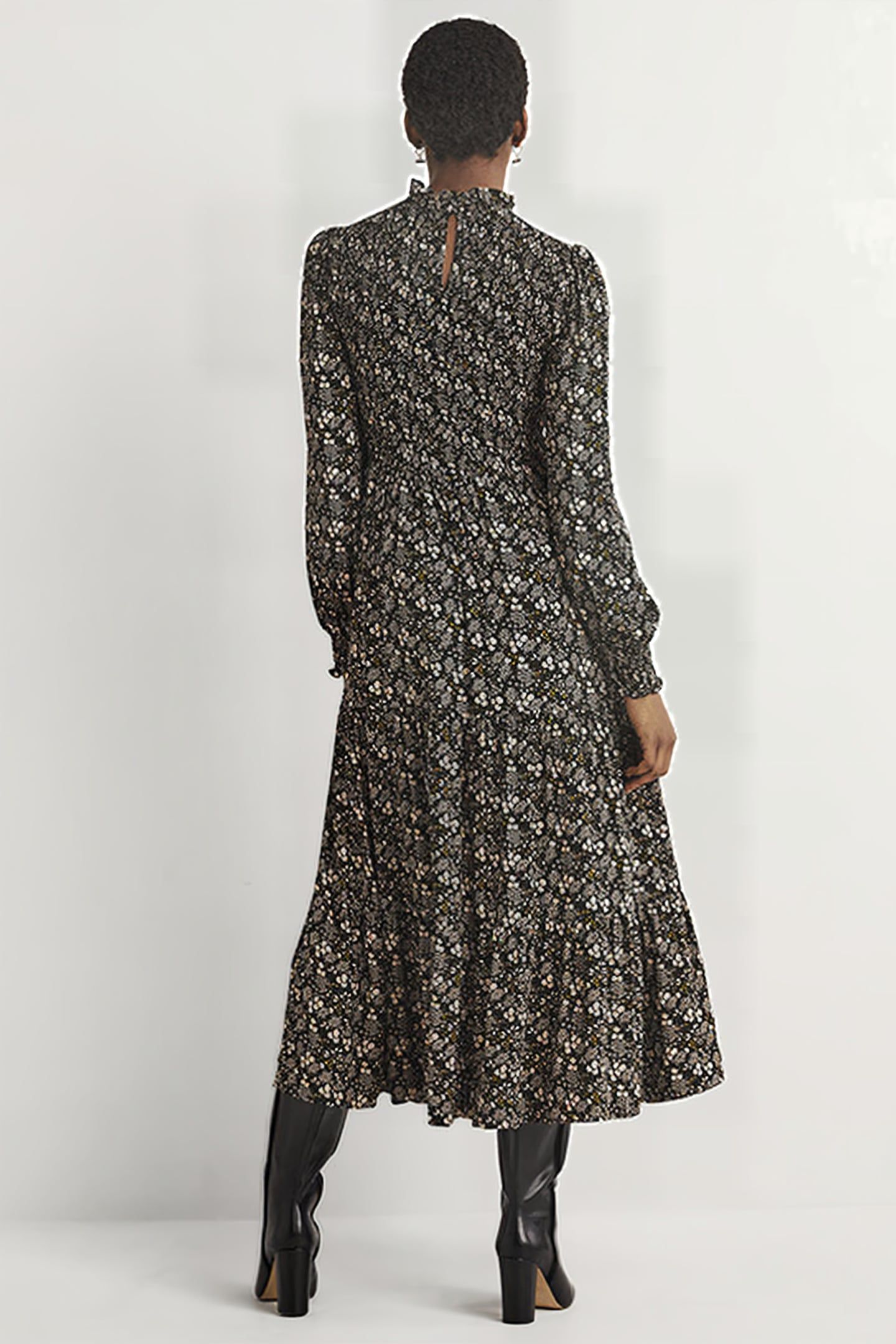 SMOCKED TIERED MIDI DRESS BLK 2