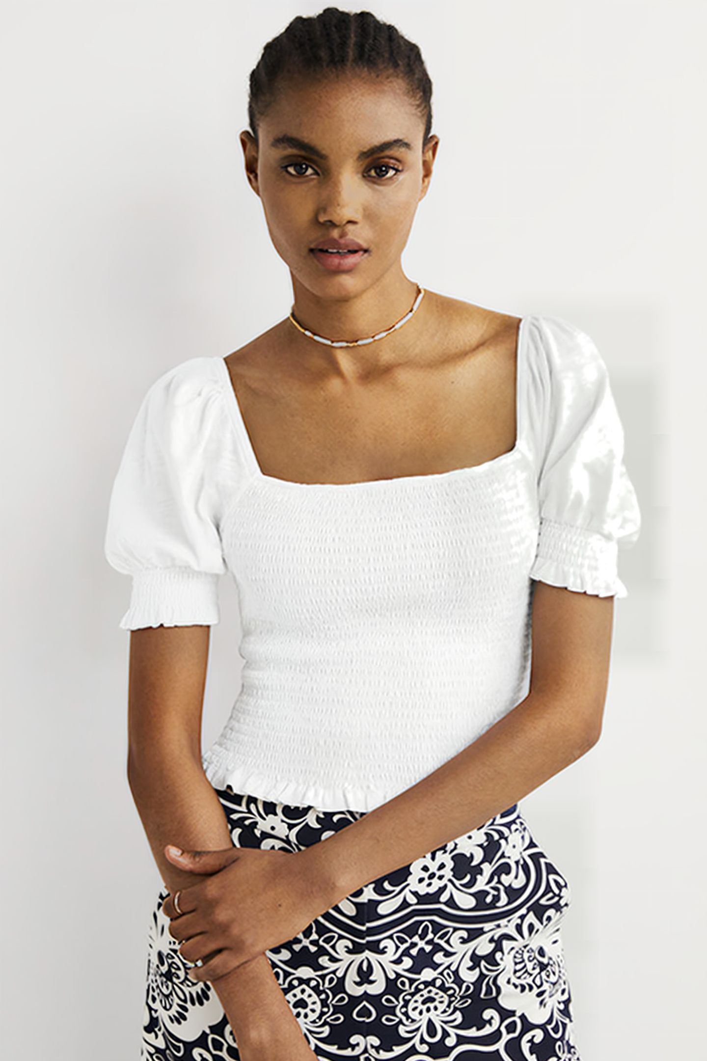 SQUARE NECK SMOCKED JERSEY TOP WHT 1