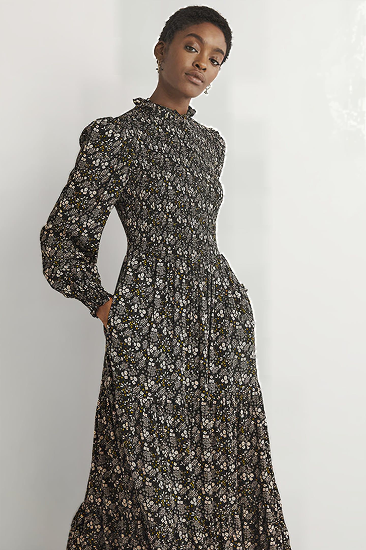 SMOCKED TIERED MIDI DRESS BLK 3