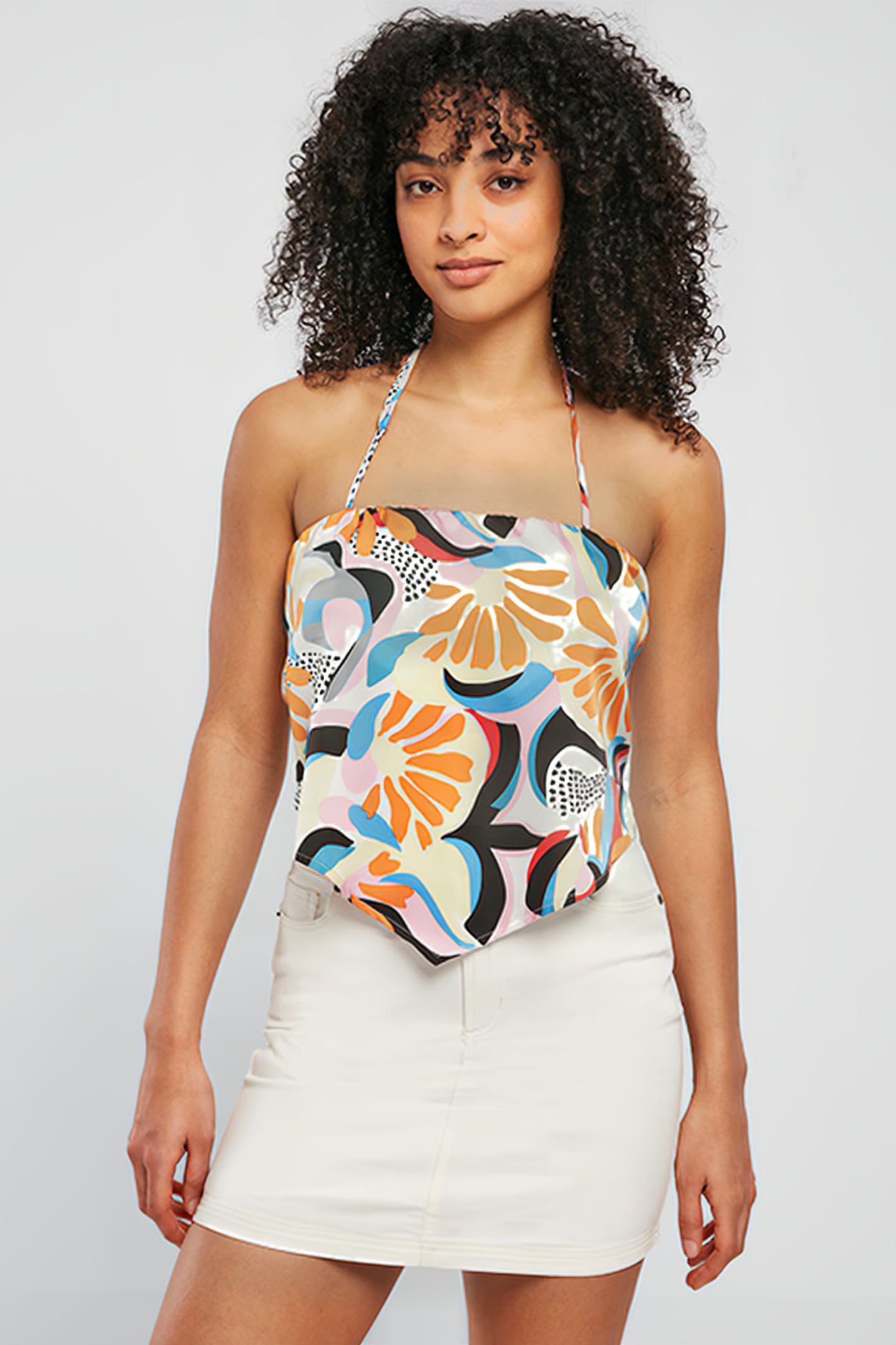 LADIES CROPPED AOP SATIN TRIANGLE TOP MAGICMANGOABSTRACT 2