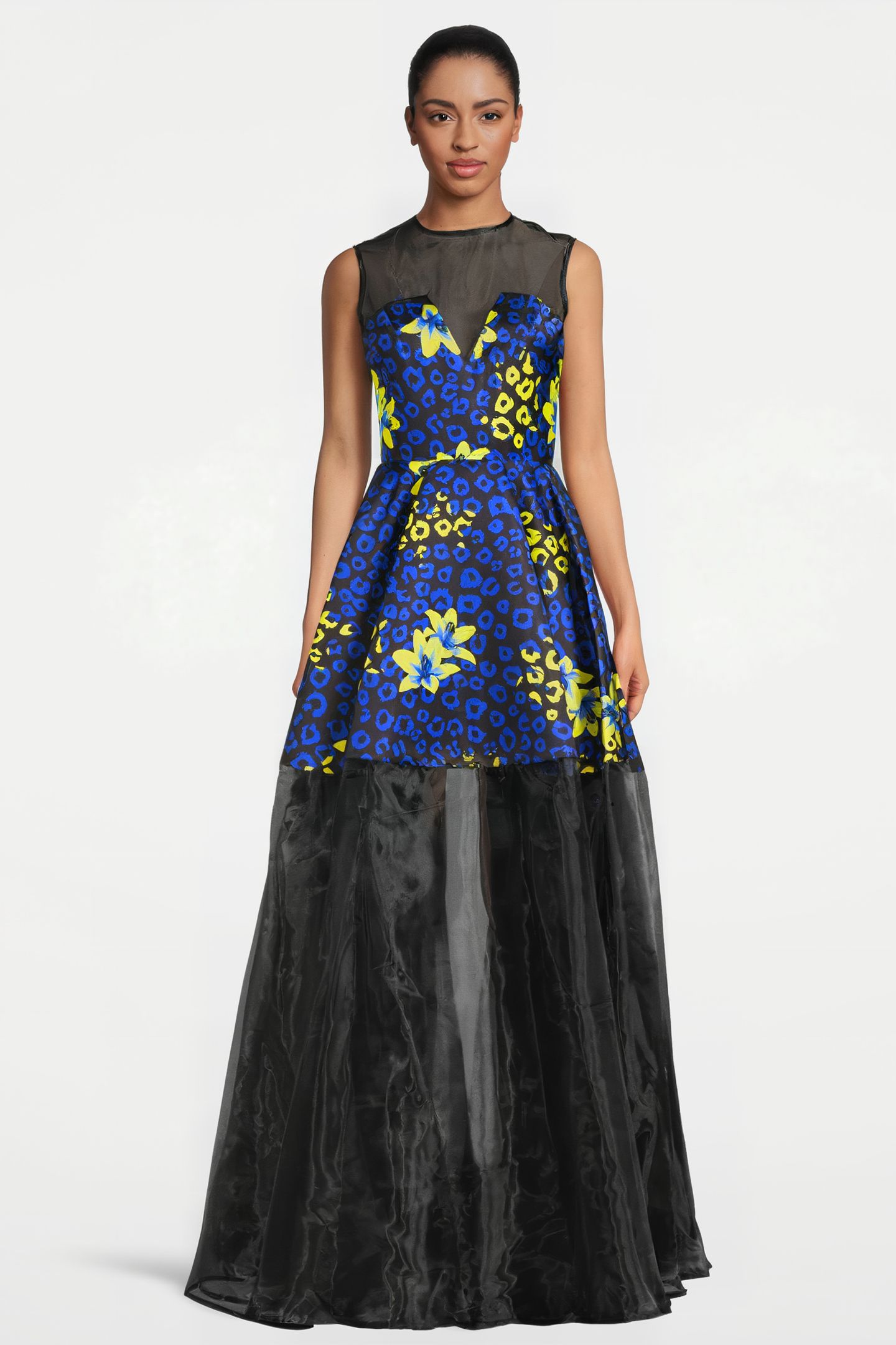 WOMEN‘S FLORAL FABRIC EVENING GOWN BLUE LILLY PRINT/ BLACK 1