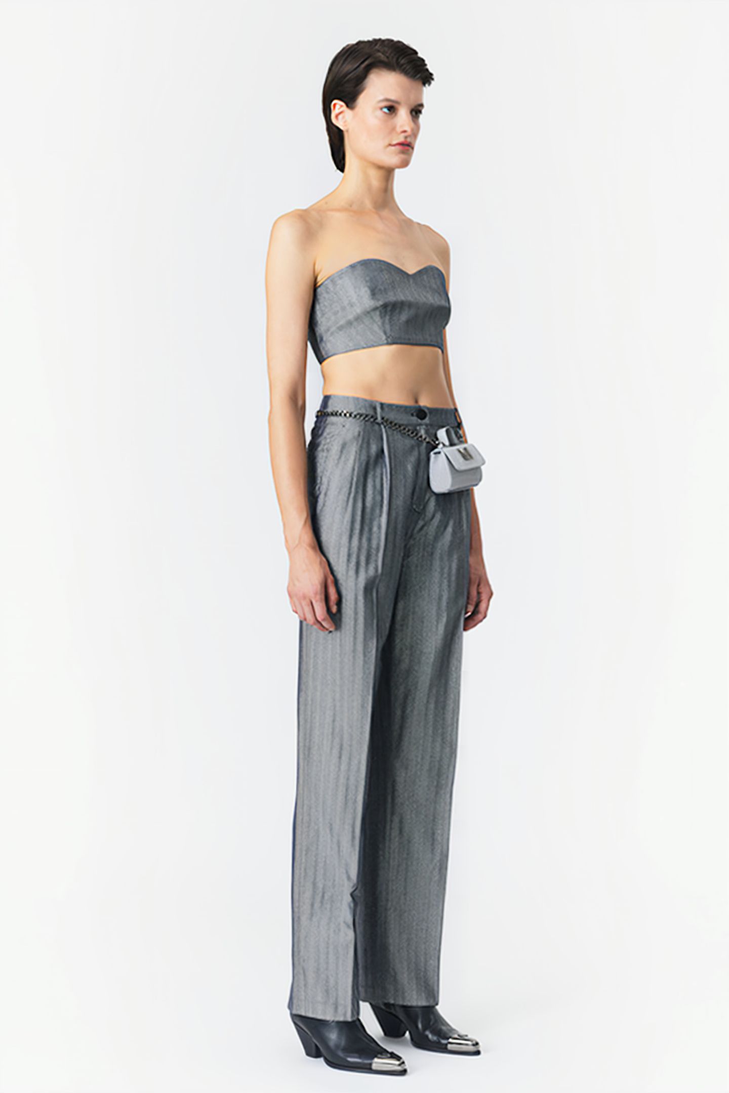 STRAPLESS BUSTIER TOP SILVER HERRINGBONE 2