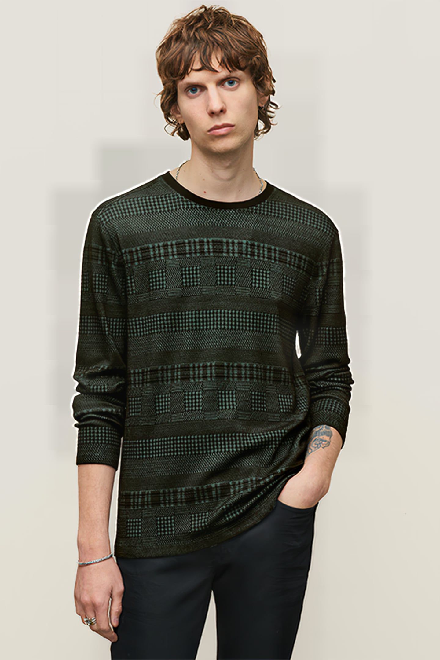 READE LS PATTERN MIX CREW WITH COLD DYE DARK MOSS 1