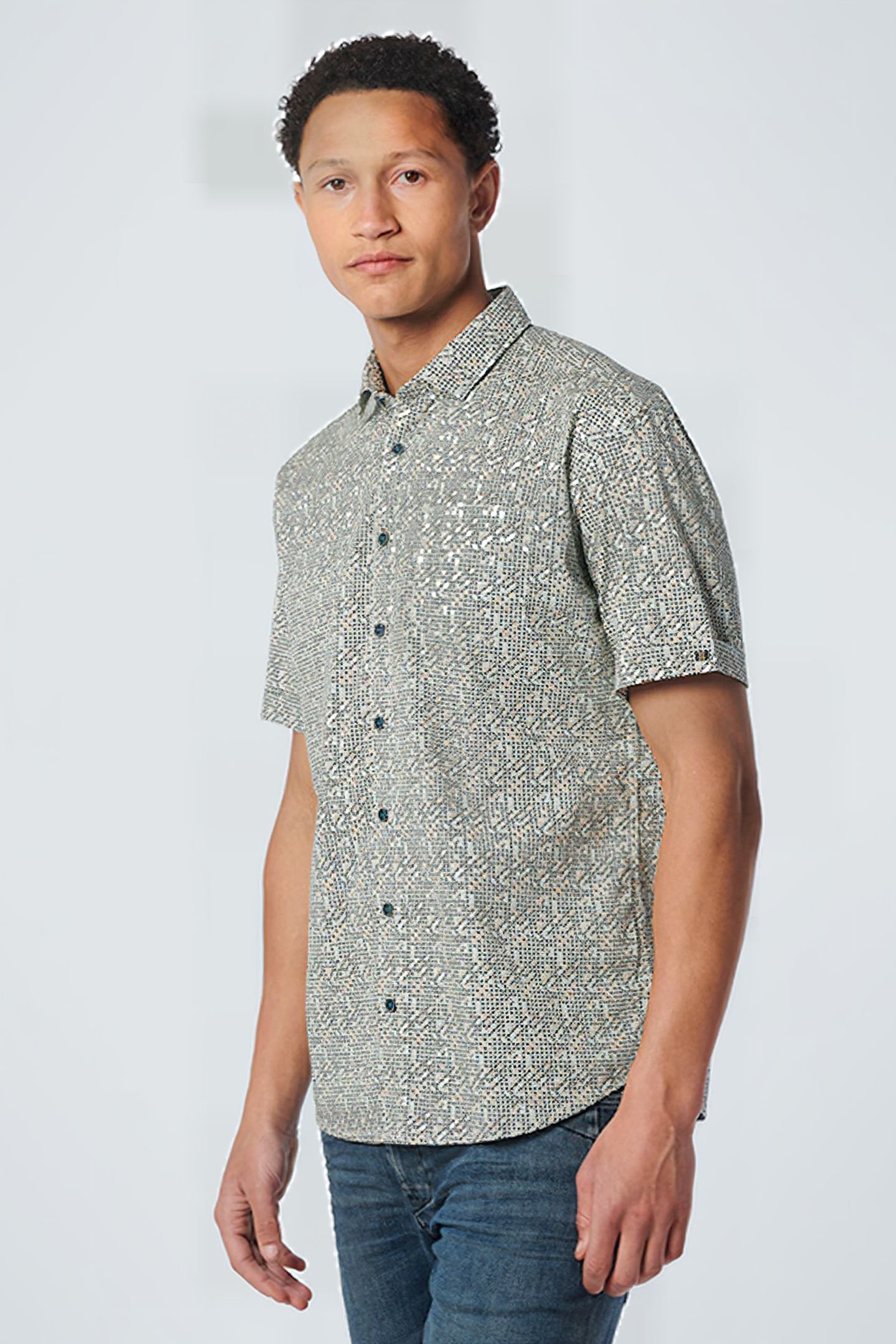 SHIRT SHORT SLEEVE ALLOVER PRINTED STRETCH LIGHT AQUA 1