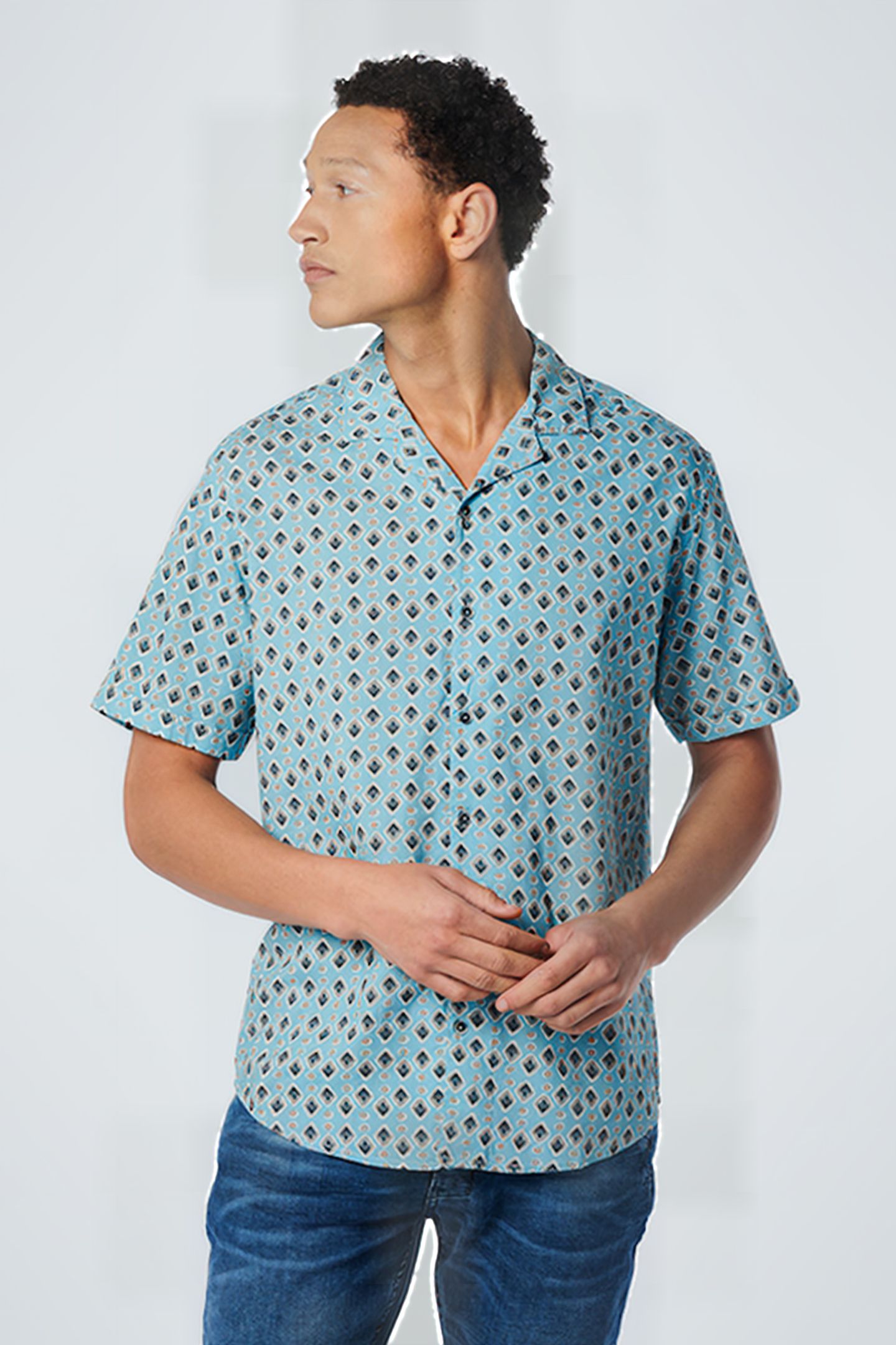 SHIRT SHORT SLEEVE RESORT COLLAR ALLOVER PRINTED LIGHT AQUA 1