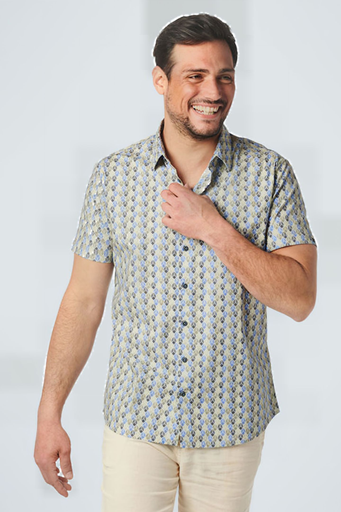 SHIRT SHORT SLEEVE ALLOVER PRINTED STRETCH WASHED BLUE 1