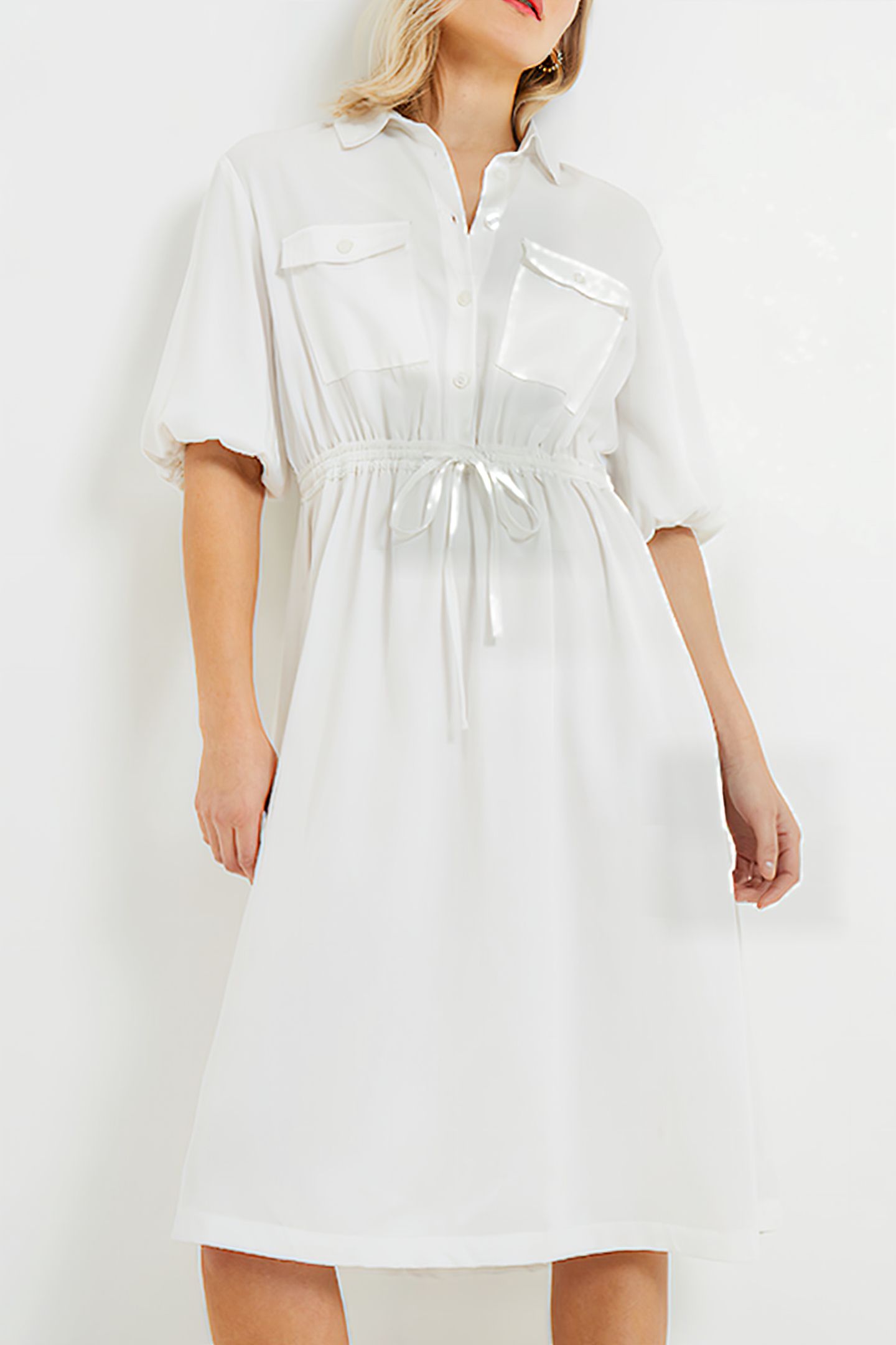 ELKIE TWILL DRAWSTRING DRESS LINEN WHITE 1