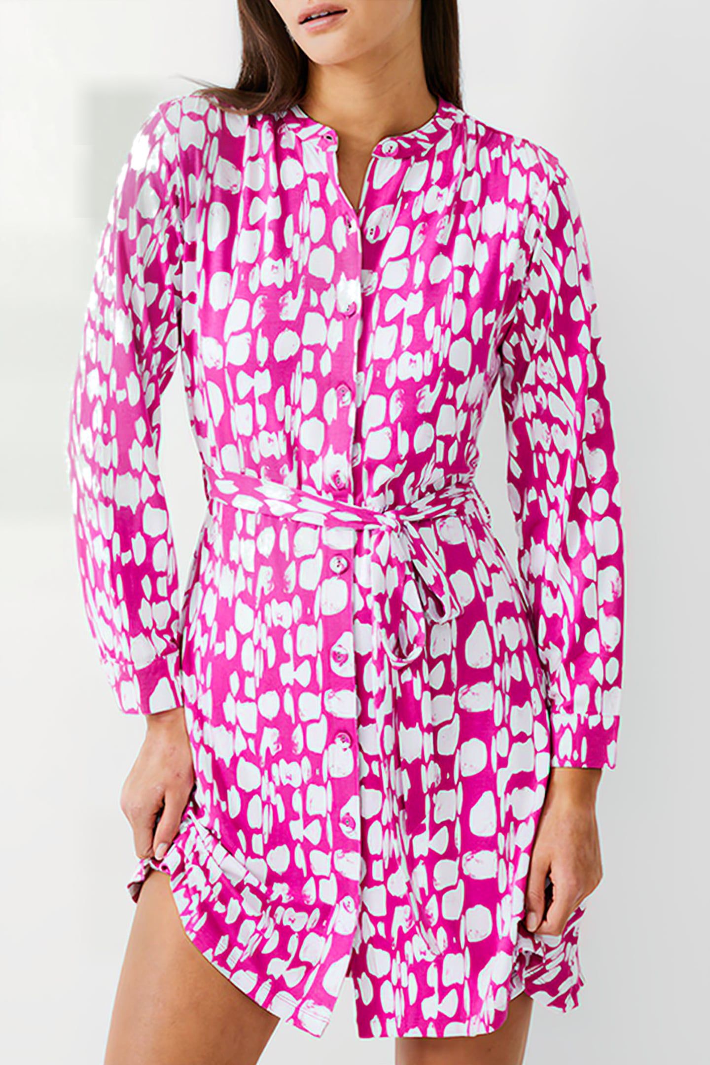 RILEY HENLEY DRESS KNEE WILD ROSA/IVORY 1