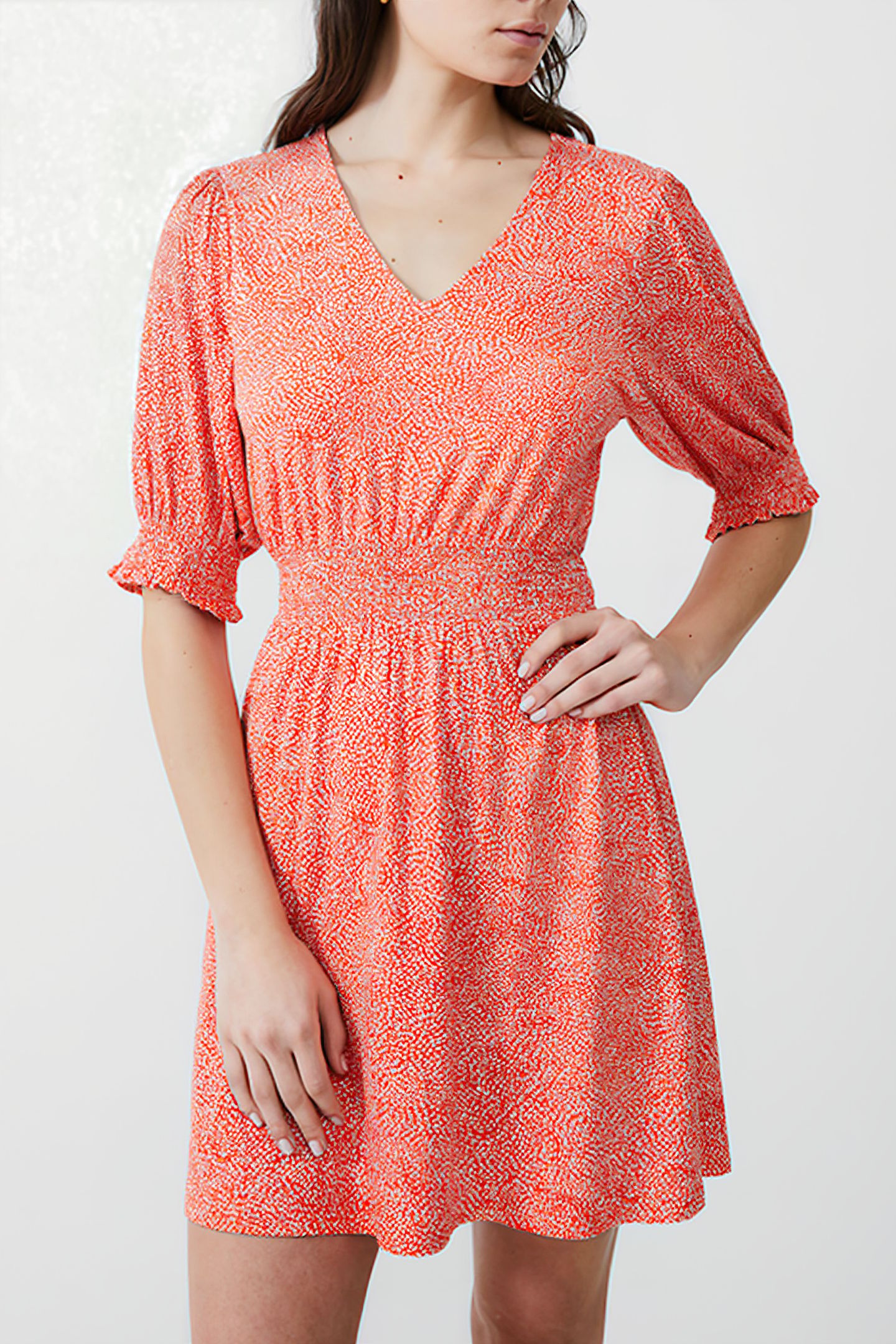 BERNICE SHIRRED DRESS SHORT MANDARIN/SEAPINK/IVR 1