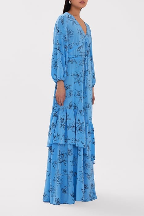 NIOBE MAXI LENGTH RUFFLE DRESS FLOWER SUMMER SKY 4