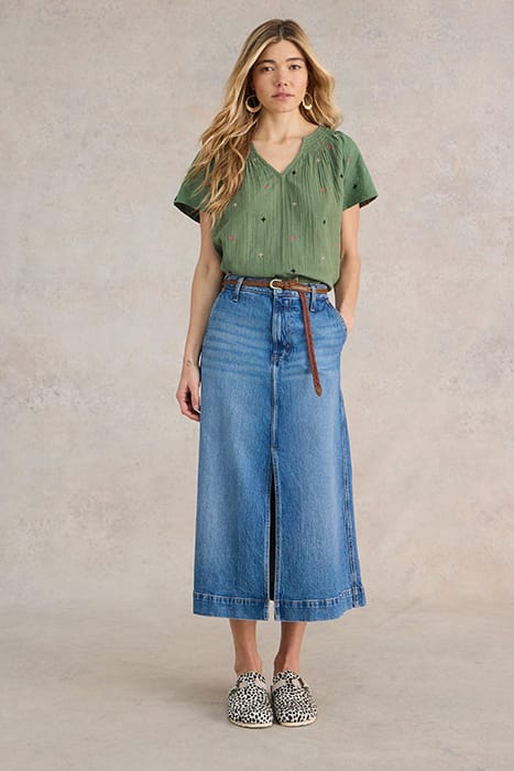 LUELLA NOTCH NECK EMB TOP KHAKI GREEN 1