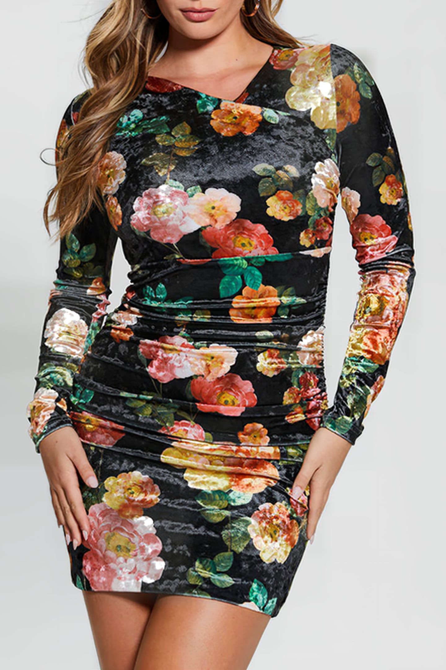 GUESS ECO LS TESS VELVET DRESS PEONY CHARM PRINT BL 1