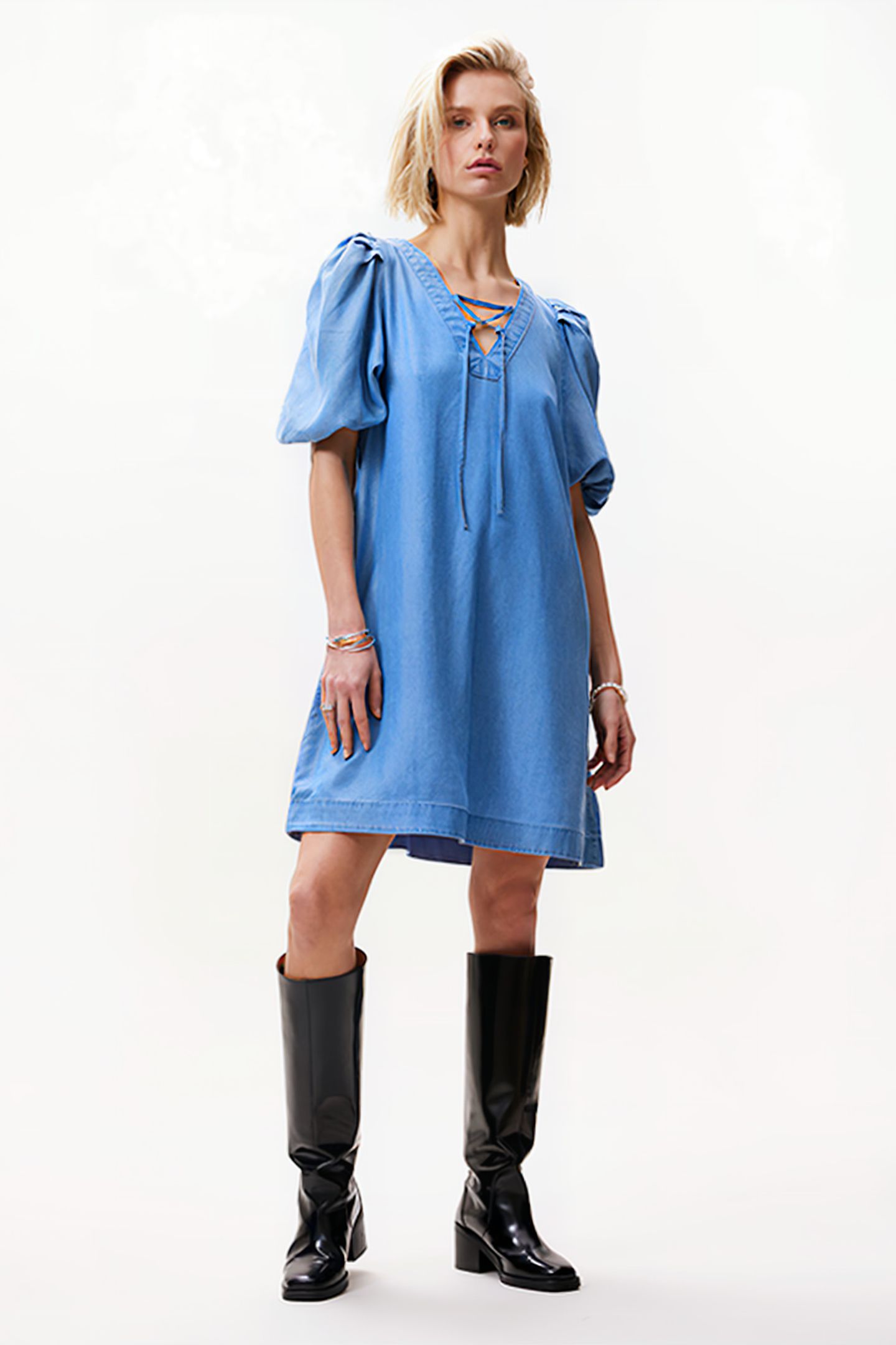 PUFF SLEEVE V NECK DRESS BLUE 2