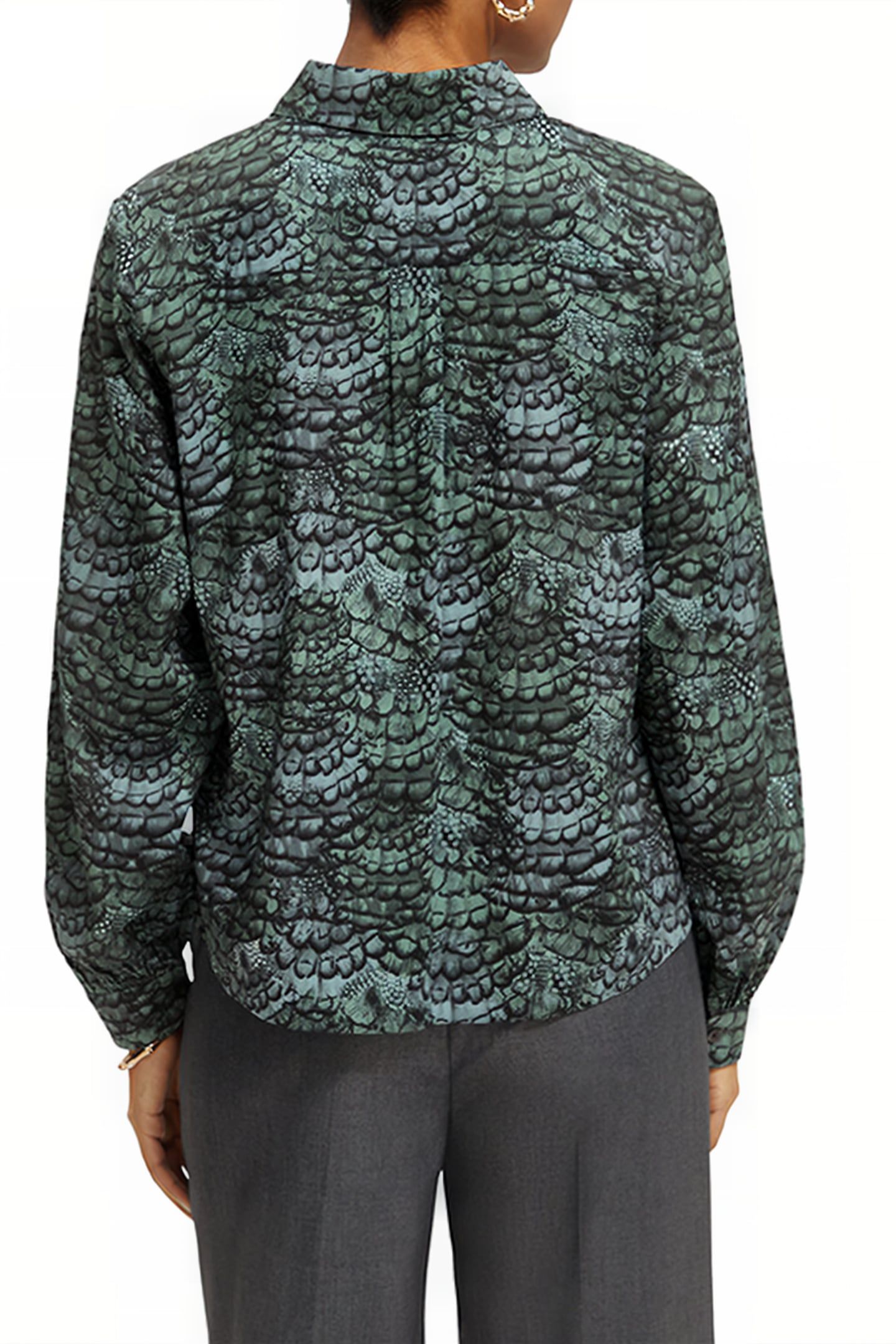 PRINTED BALLOON SLEEVE SHIRT FEATHER BOTTLE GREEN 2