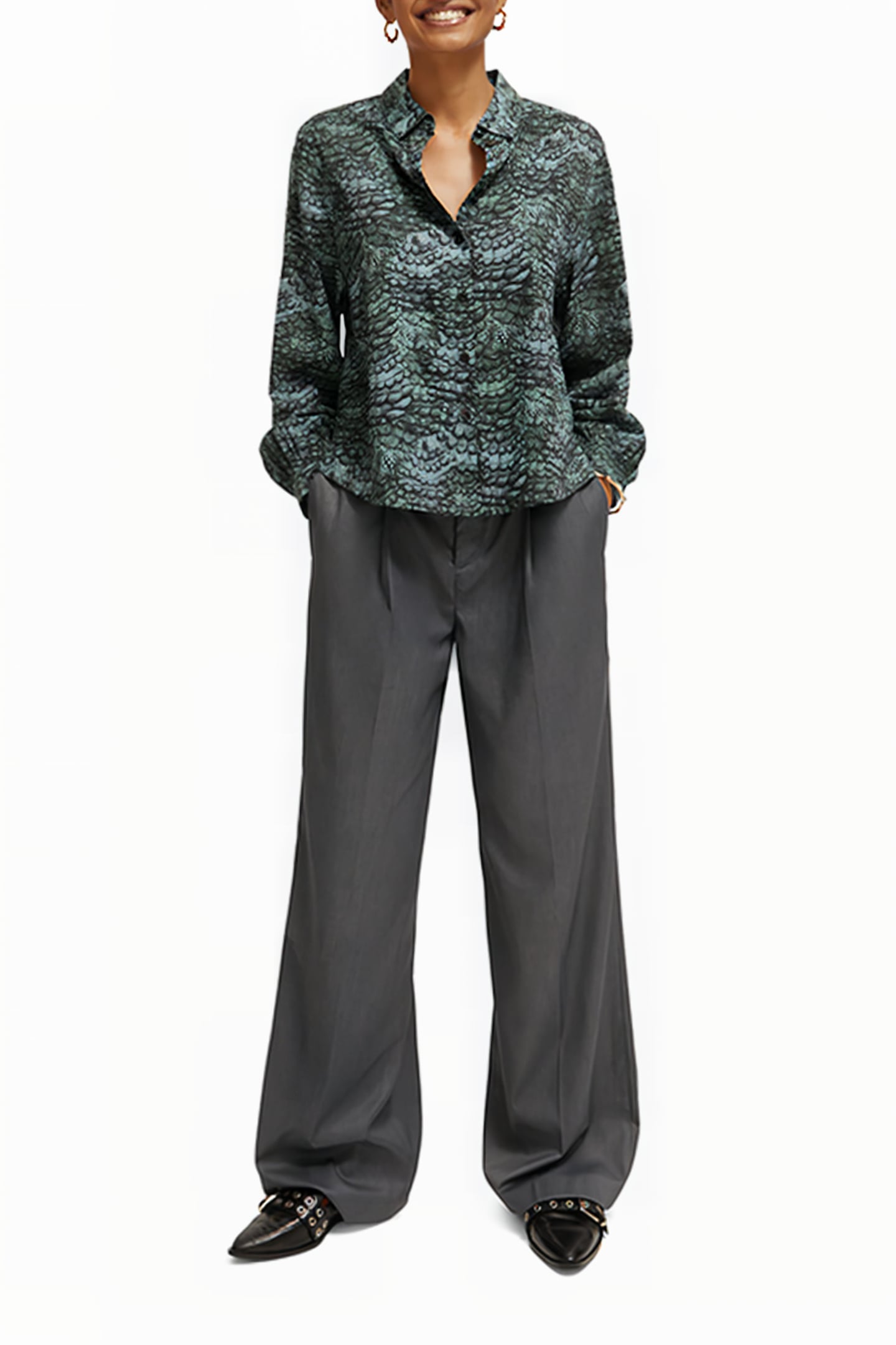 PRINTED BALLOON SLEEVE SHIRT FEATHER BOTTLE GREEN 3