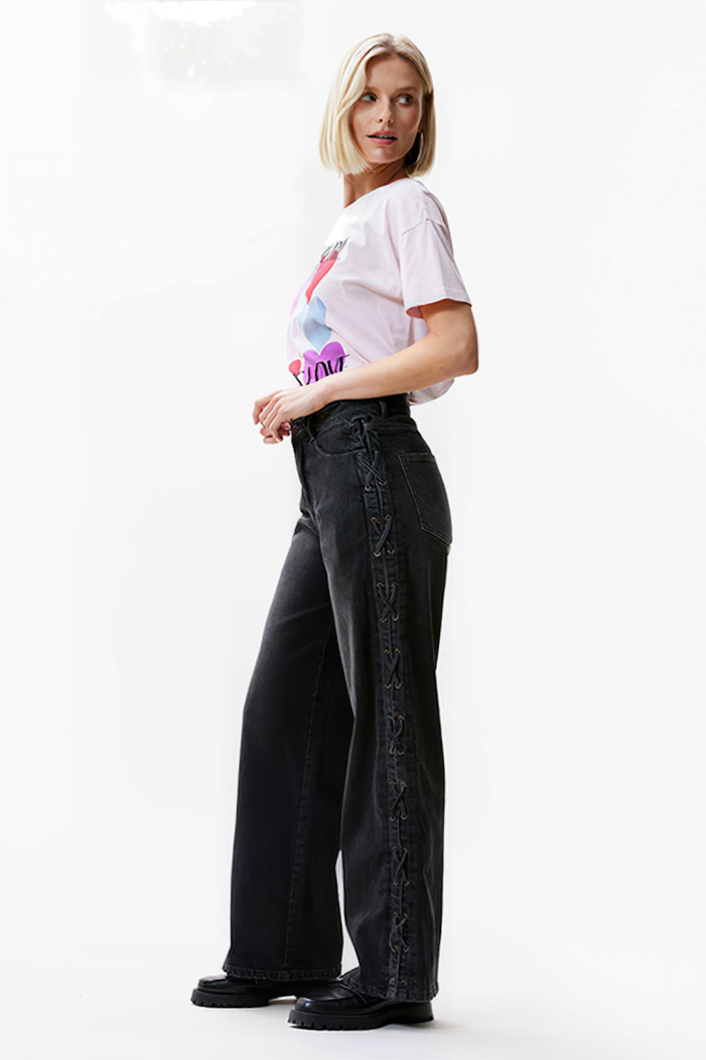 LOOSE FIT JEANS WITH LACE DETAIL WASHED BLACK 5