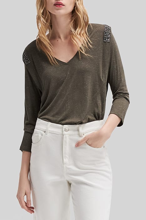 KHAKI V-NECK VISCOSE T-SHIRT WITH RHINESTONES 1