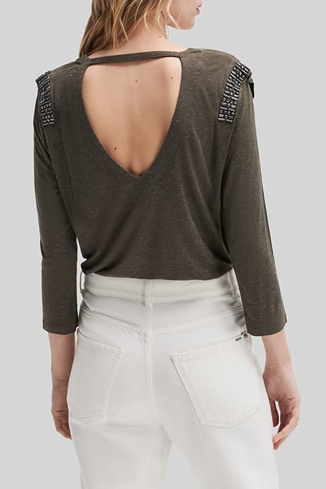 KHAKI V-NECK VISCOSE T-SHIRT WITH RHINESTONES 2