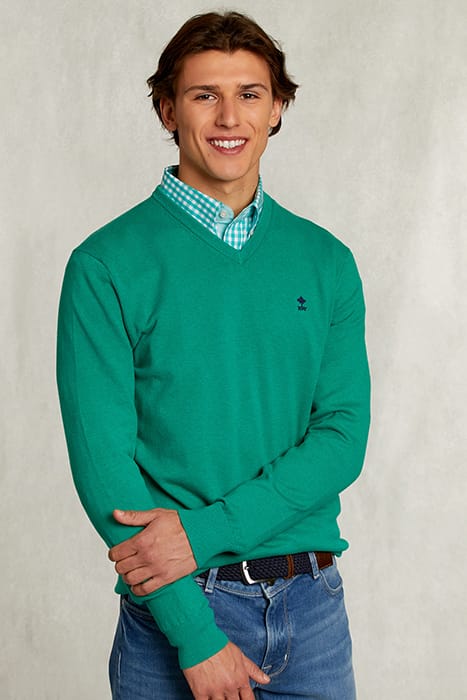 NORMAL FIT BASIC COTTON V-NECK PULLOVER GREEN TWIST MIX GREE 1