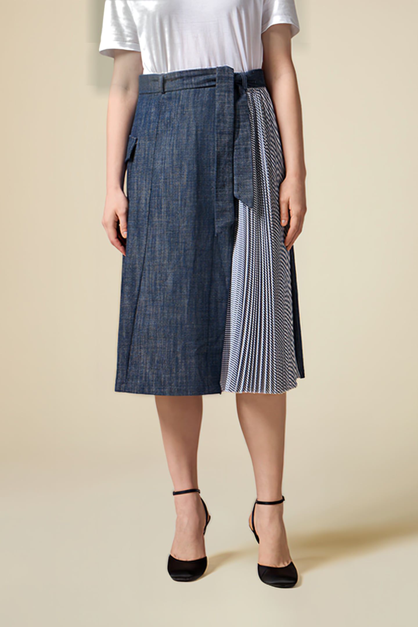 FLARED DENIM SKIRT WITH PLEATED DETAIL BLUE 1