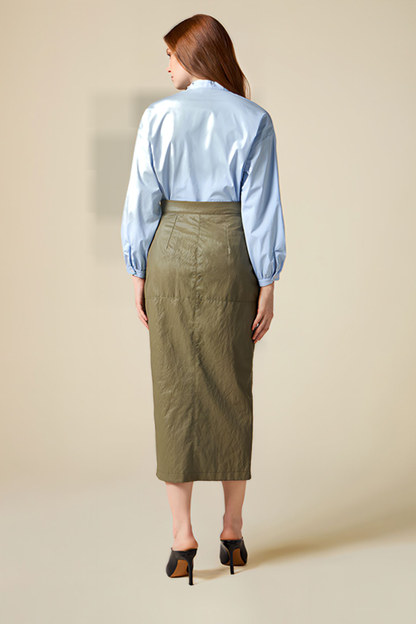 CRINKLED FABRIC MIDI PENCIL SKIRT GREEN 3