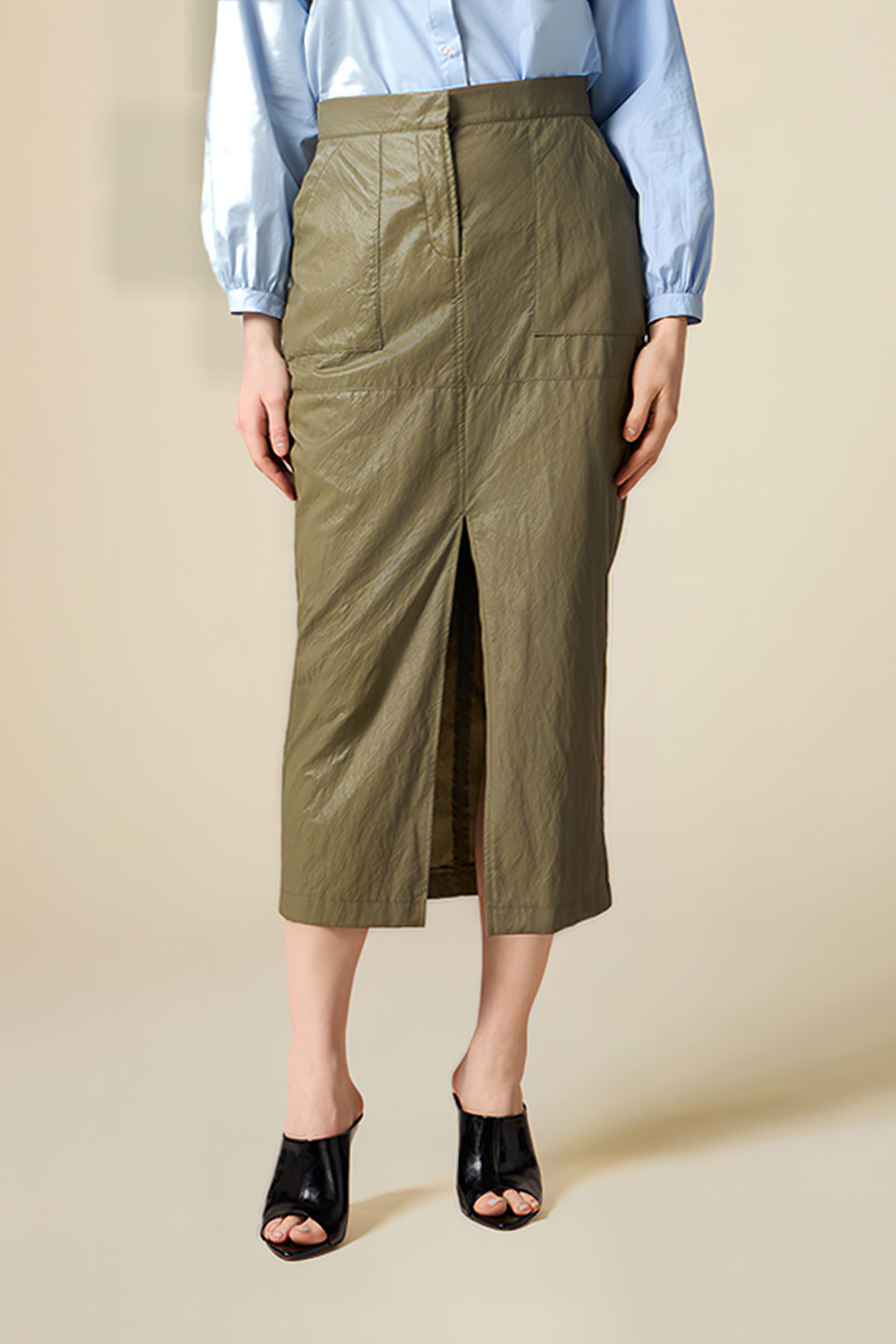 CRINKLED FABRIC MIDI PENCIL SKIRT GREEN 1