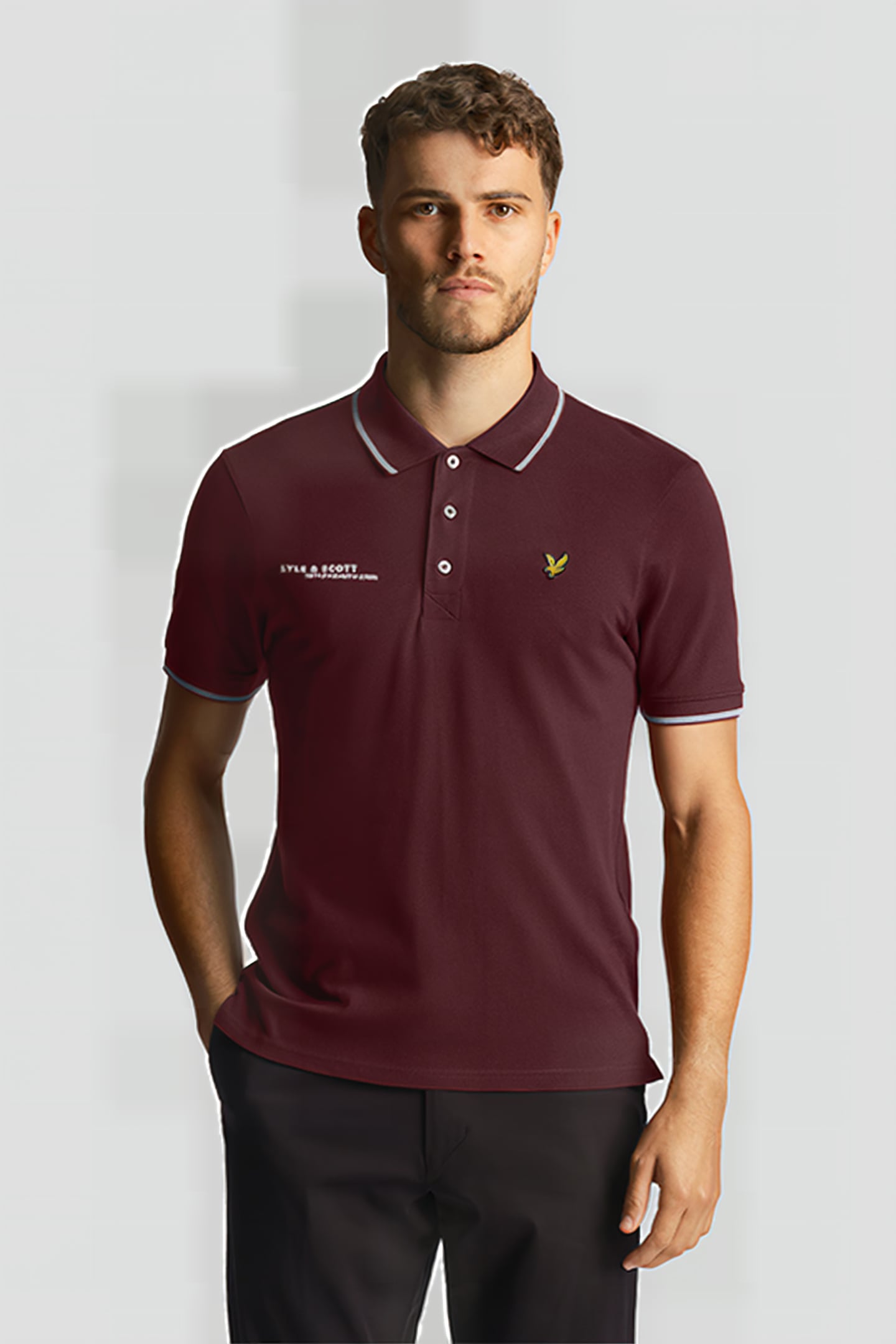 CO-ORDINATE PRINT TIPPED POLO SHIRT BURGUNDY/ MID GREY MARL 1