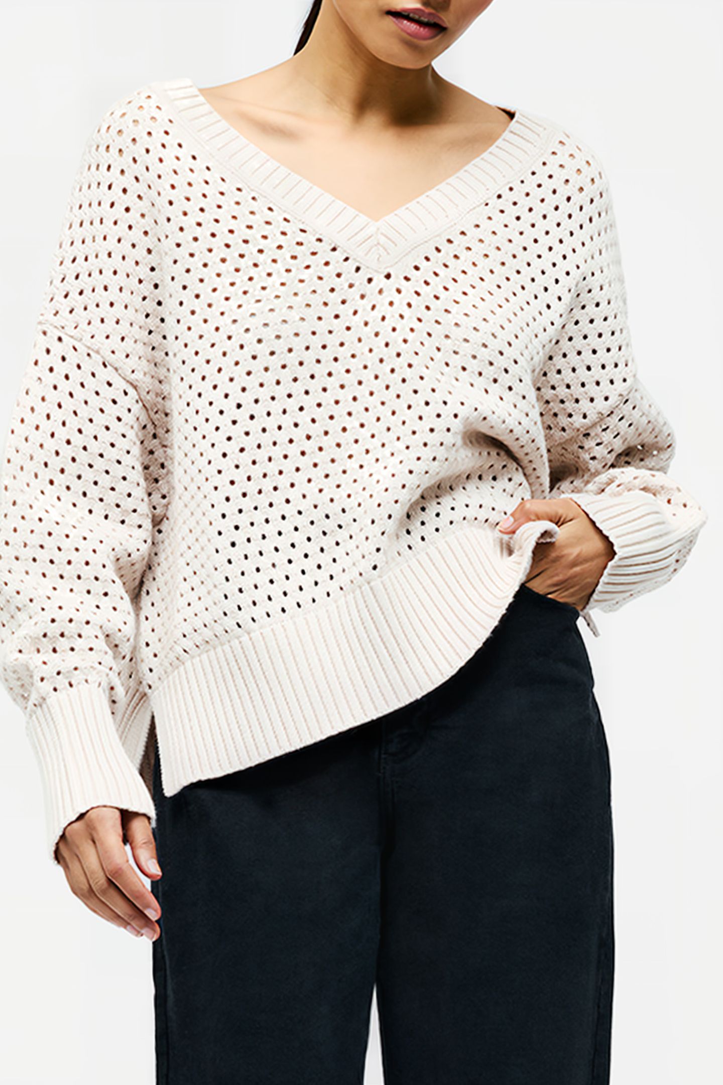 CROCHET KNIT V NECK SWEATER OATMEAL 1
