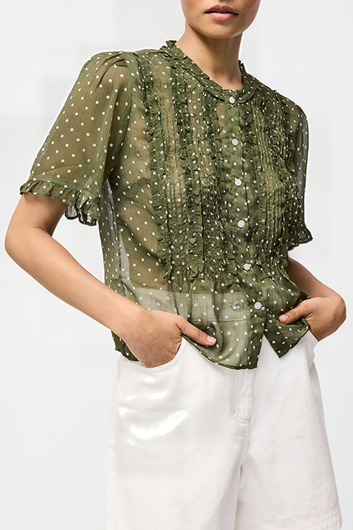 POLKA DOT SHORT SLEEVE RUFFLE TOP SZ18 KHAKI/SUMMER 1