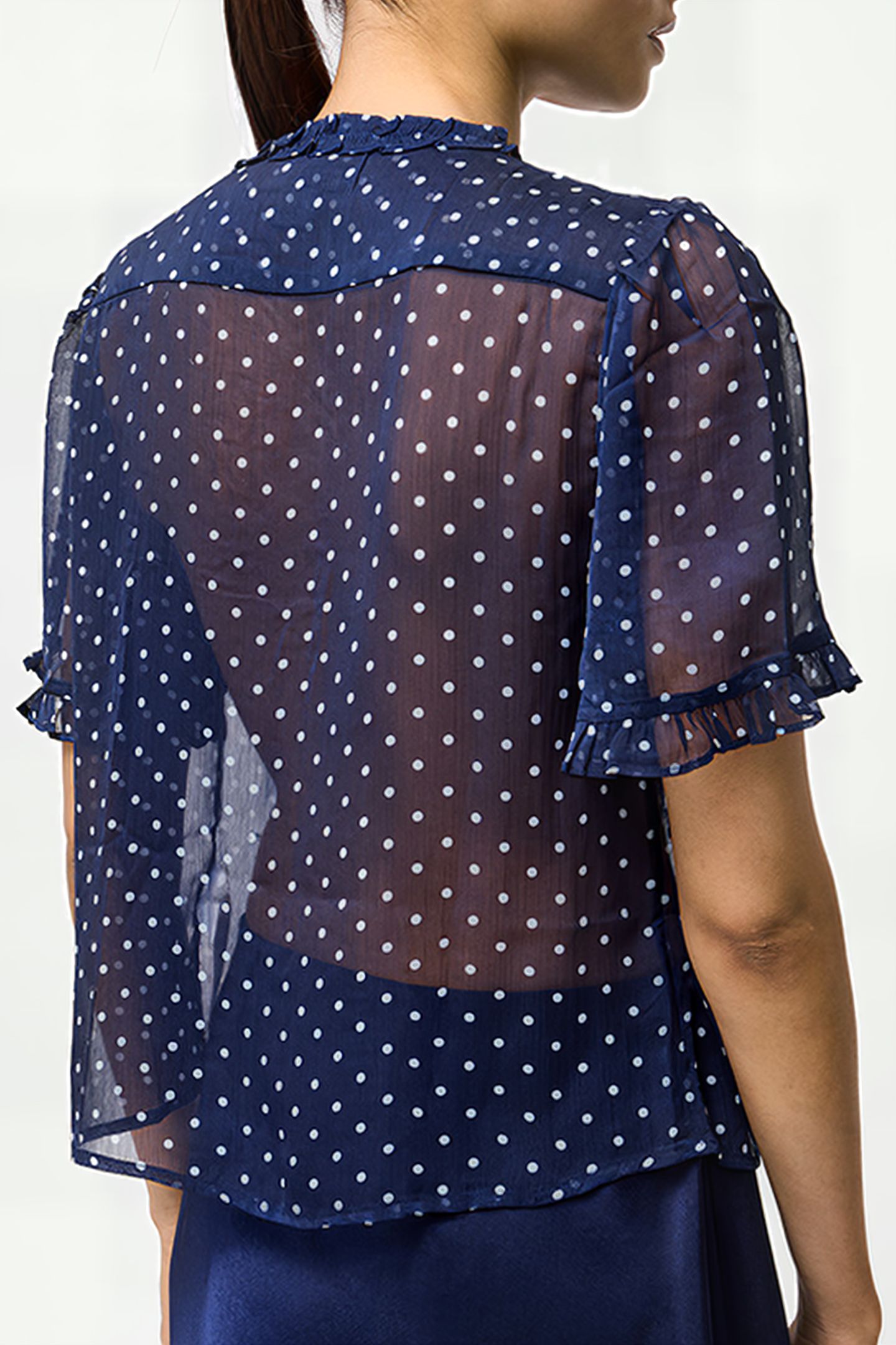 POLKA DOT SHORT SLEEVE RUFFLE TOP SZ18 MIDNIGHT/SUMMER 2
