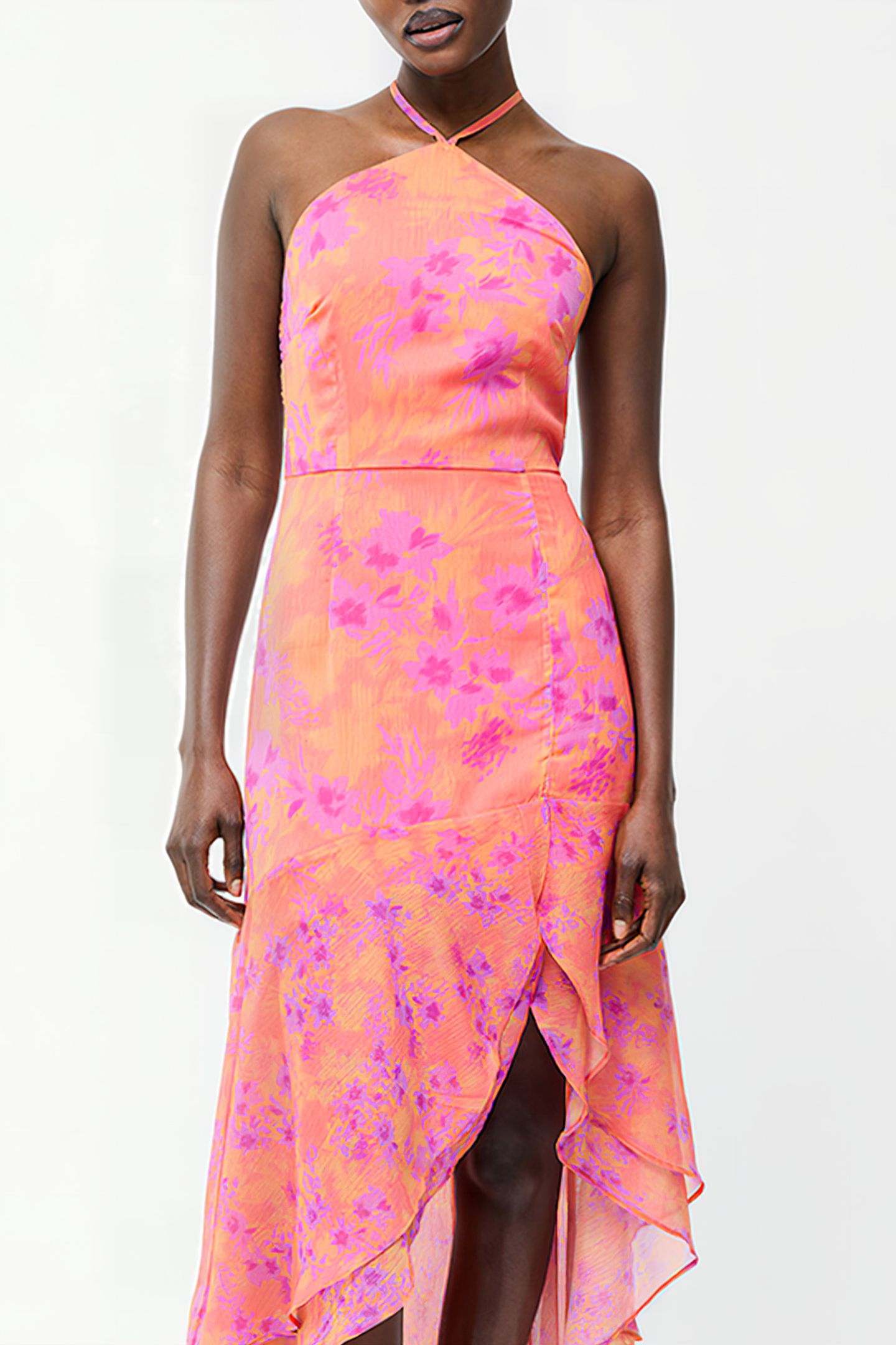ARLA RUFFLE HALTERNECK DRESS SZ18 CORAL MULTI 3