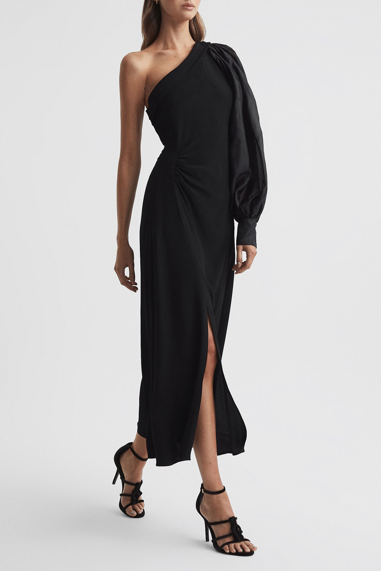 SHEER EXAGGERATED SLEEVE MIDI DRESS — BLACK 1