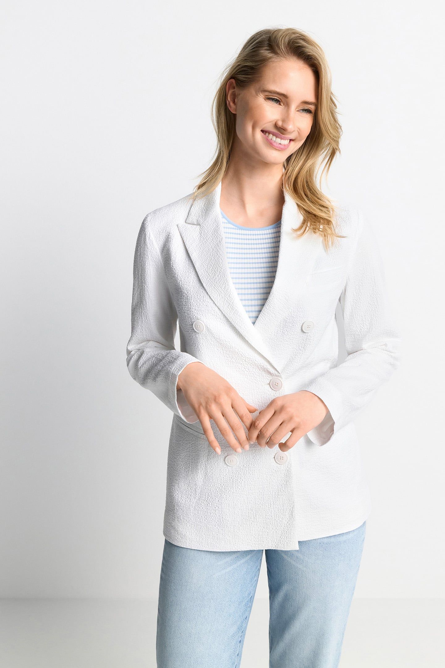 SEERSUCKER DOUBLE BREASTED BLAZER ORGANIC WHITE 1