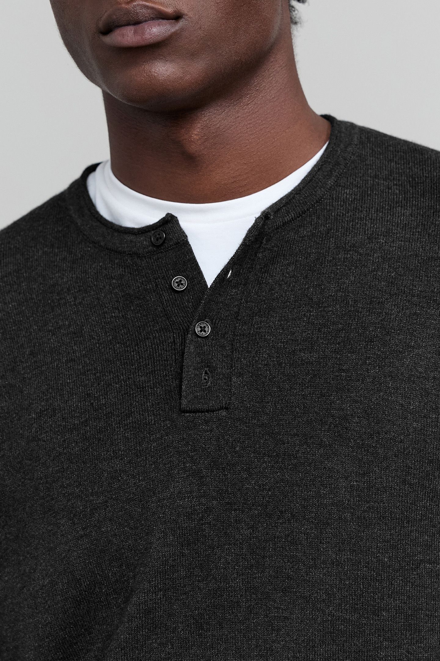 CHARCOAL KNIT BUTTON-NECK SWEATER WITH ROLLED EDGES 6