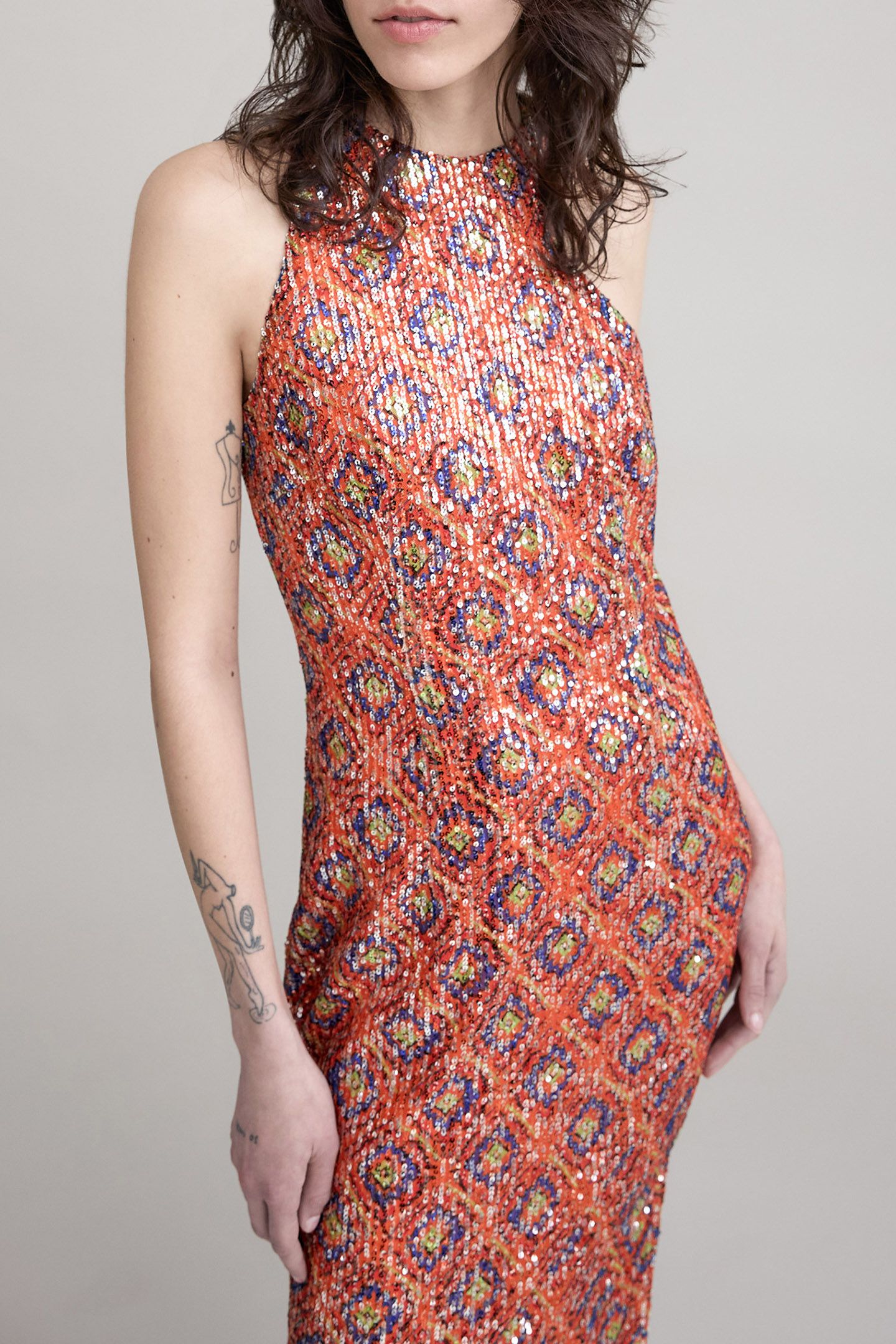 SEQUIN-EMBROIDERED ARABESQUE PRINT MELON MIDI DRESS FOR WOME 4