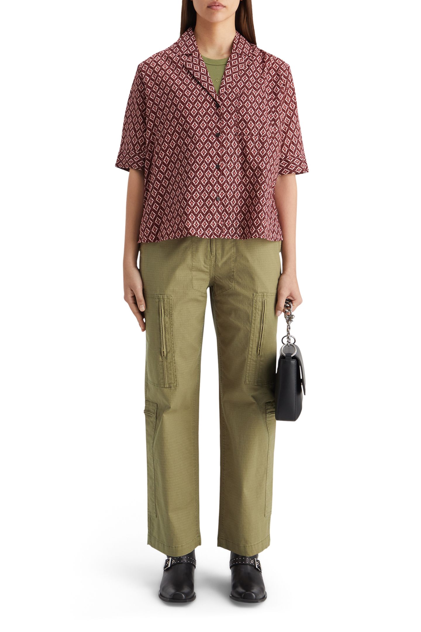 SS SHIRT LUREX PRINT GEO FLOWER BORDEAUX 3