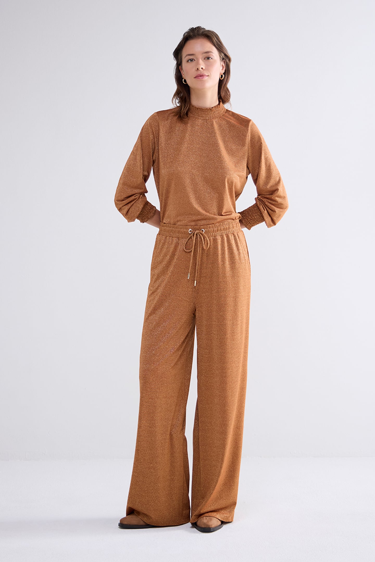 SMOCKED TOP FINE LUREX JERSEY CARAMEL COFFEE 3