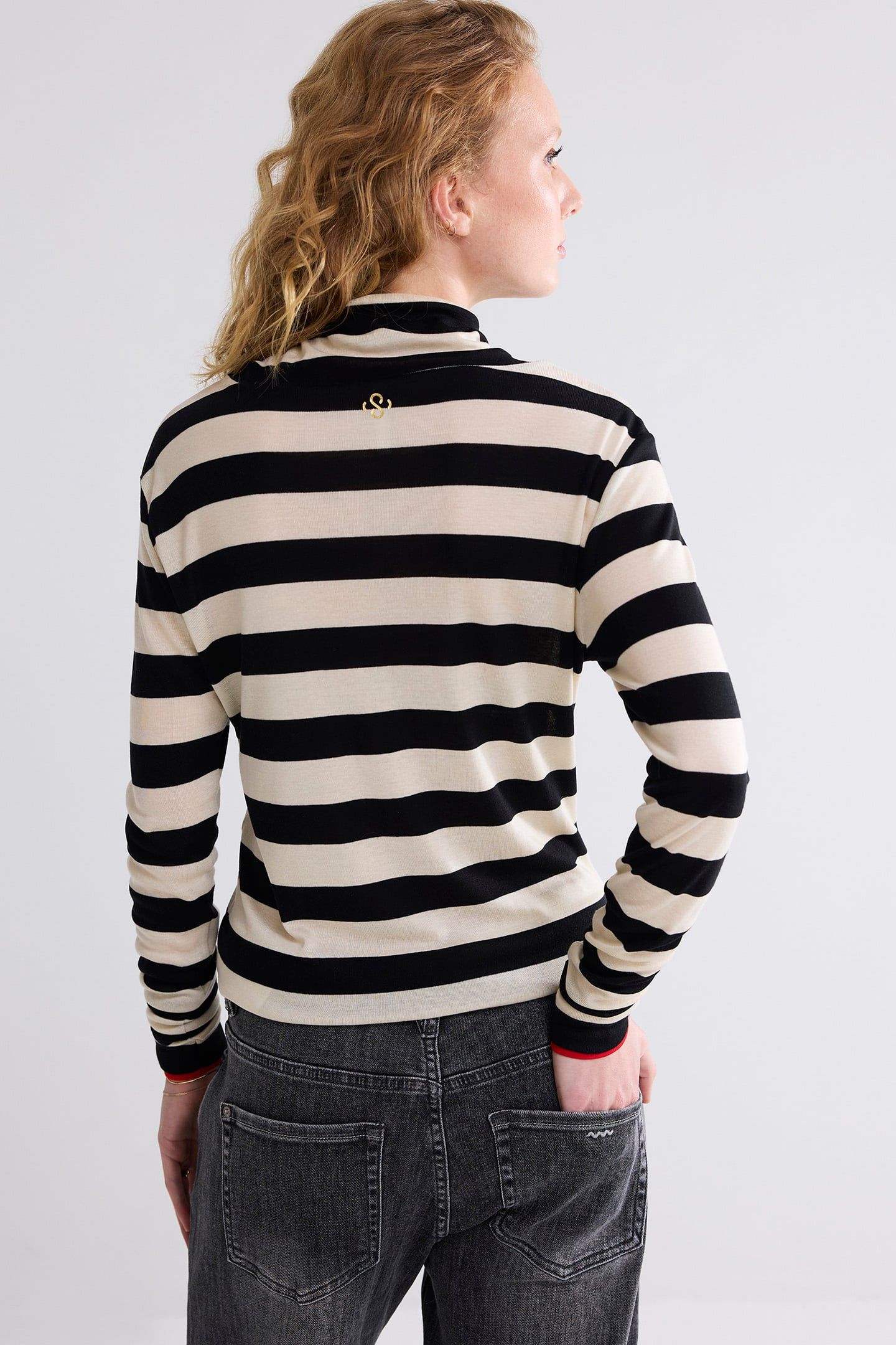 TURTLE NECK TOP SHEER JERSEY STRIPE BLACK IVORY 2