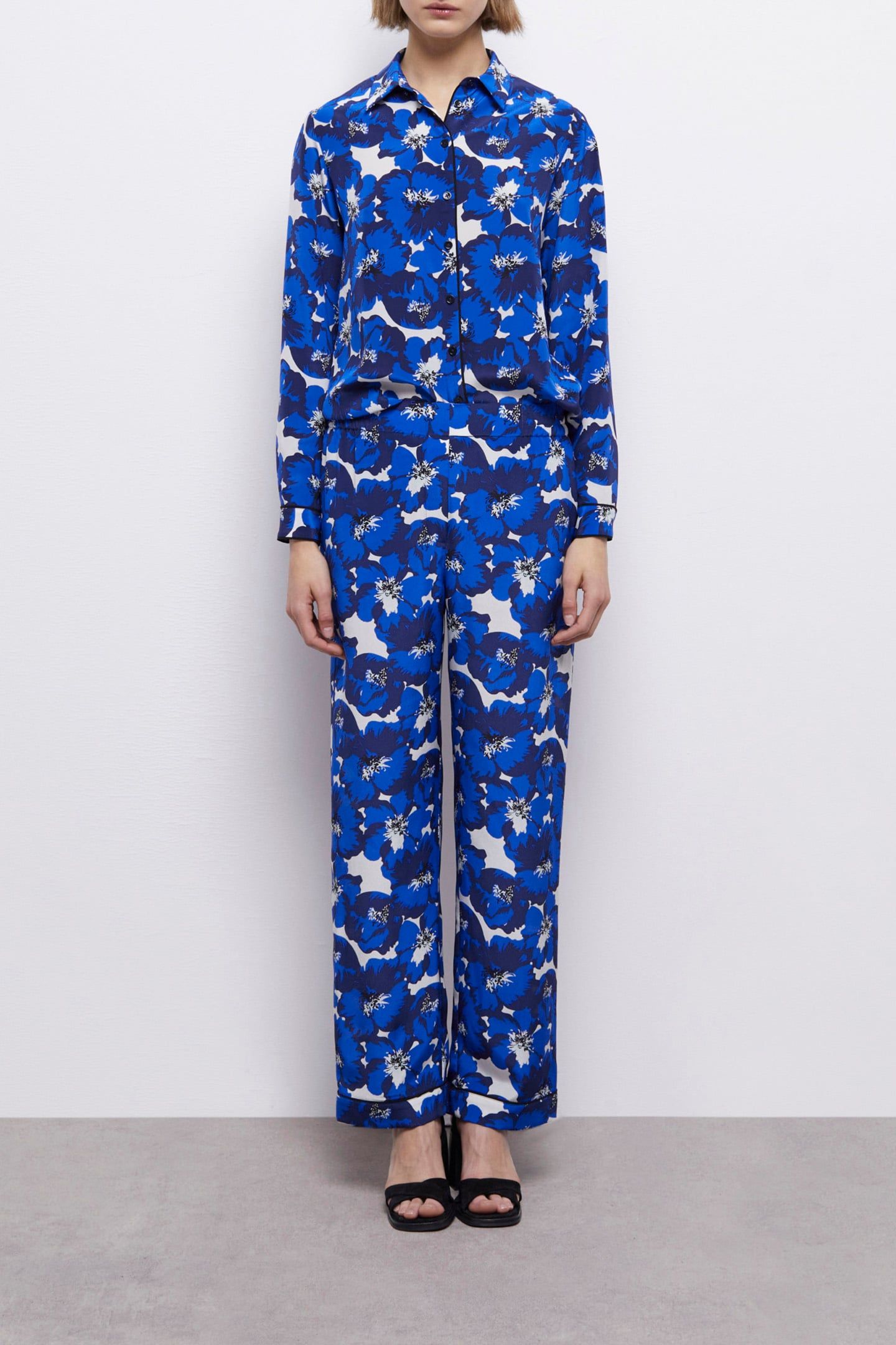 ELASTICATED WAIST WIDE LEG PANTS BLUE 1