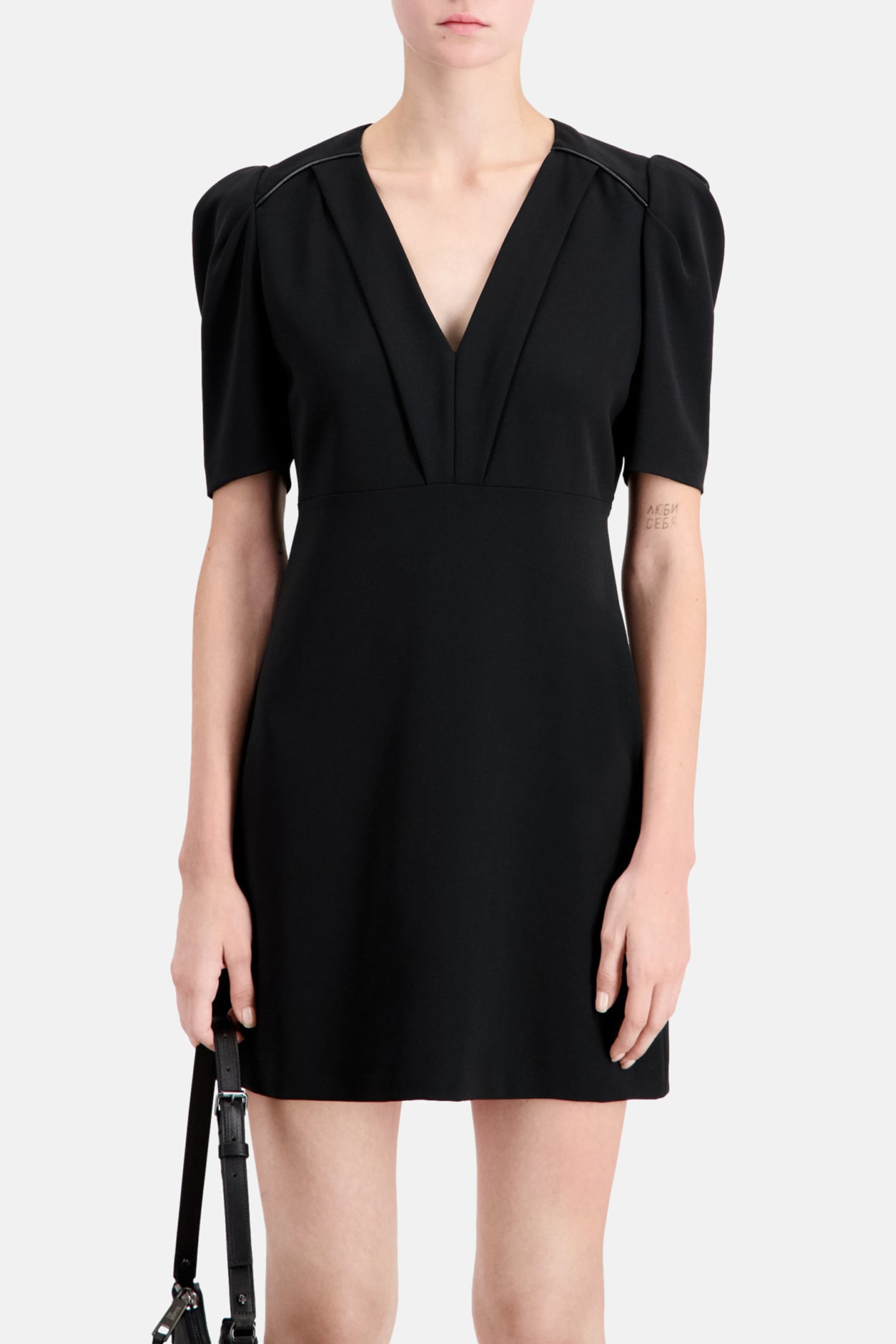 SHORT DRESS WITH LEATHER PIPING BLACK 1