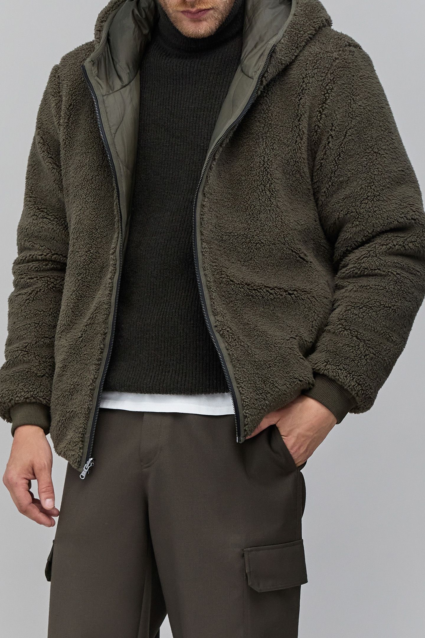 KHAKI QUILTED NYLON/SHERPA REVERSIBLE PADDED JACKET 1